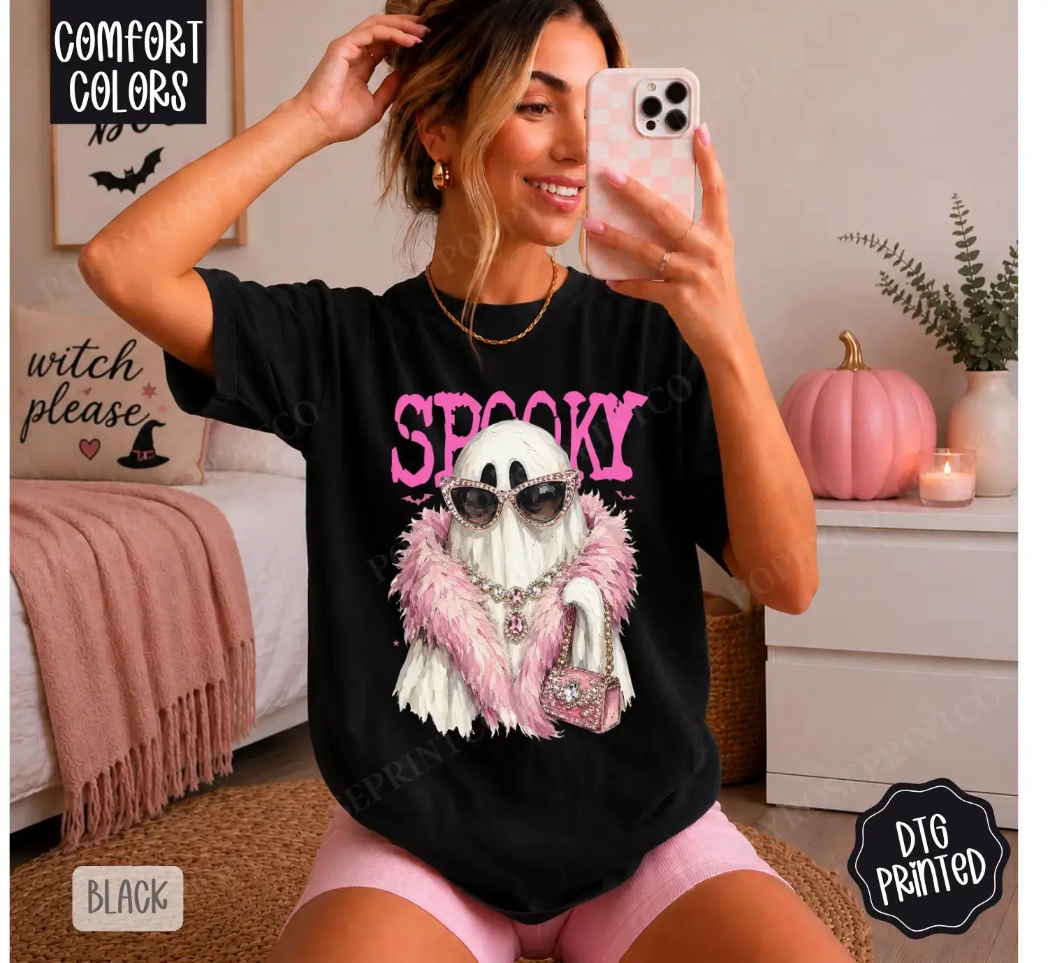 Spooky Ghost With Boa Sweatshirt, Comfort Colors Trendy Halloween Crewneck for Women, Cute Retro Fall Graphic Top