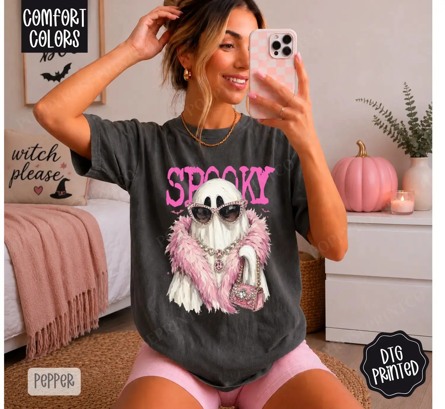 Spooky Ghost With Boa Sweatshirt, Comfort Colors Trendy Halloween Crewneck for Women, Cute Retro Fall Graphic Top - photo 2