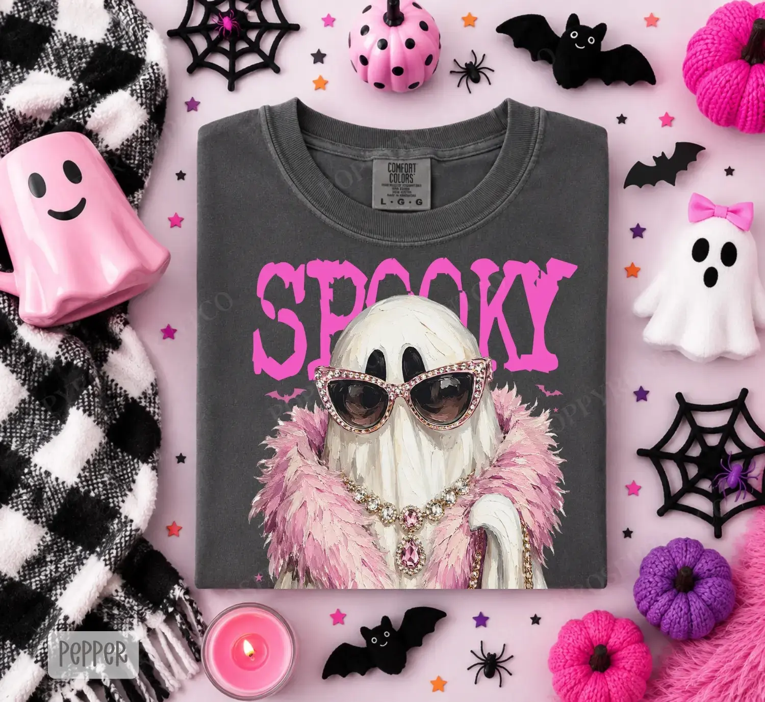 Spooky Ghost With Boa Sweatshirt, Comfort Colors Trendy Halloween Crewneck for Women, Cute Retro Fall Graphic Top - photo 3
