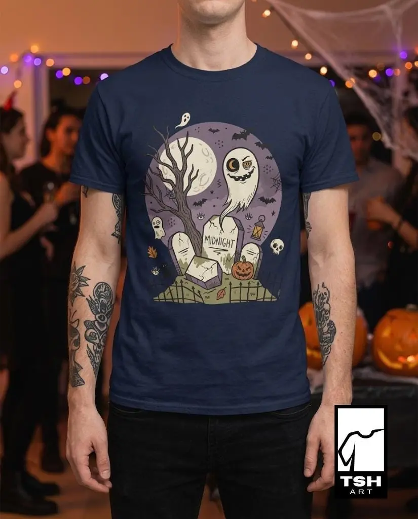 Spooky Graveyard T-Shirt for Women, Ghost Full Moon Graphic Tee, Haunted Cemetery Vintage Halloween Unisex Gift Top