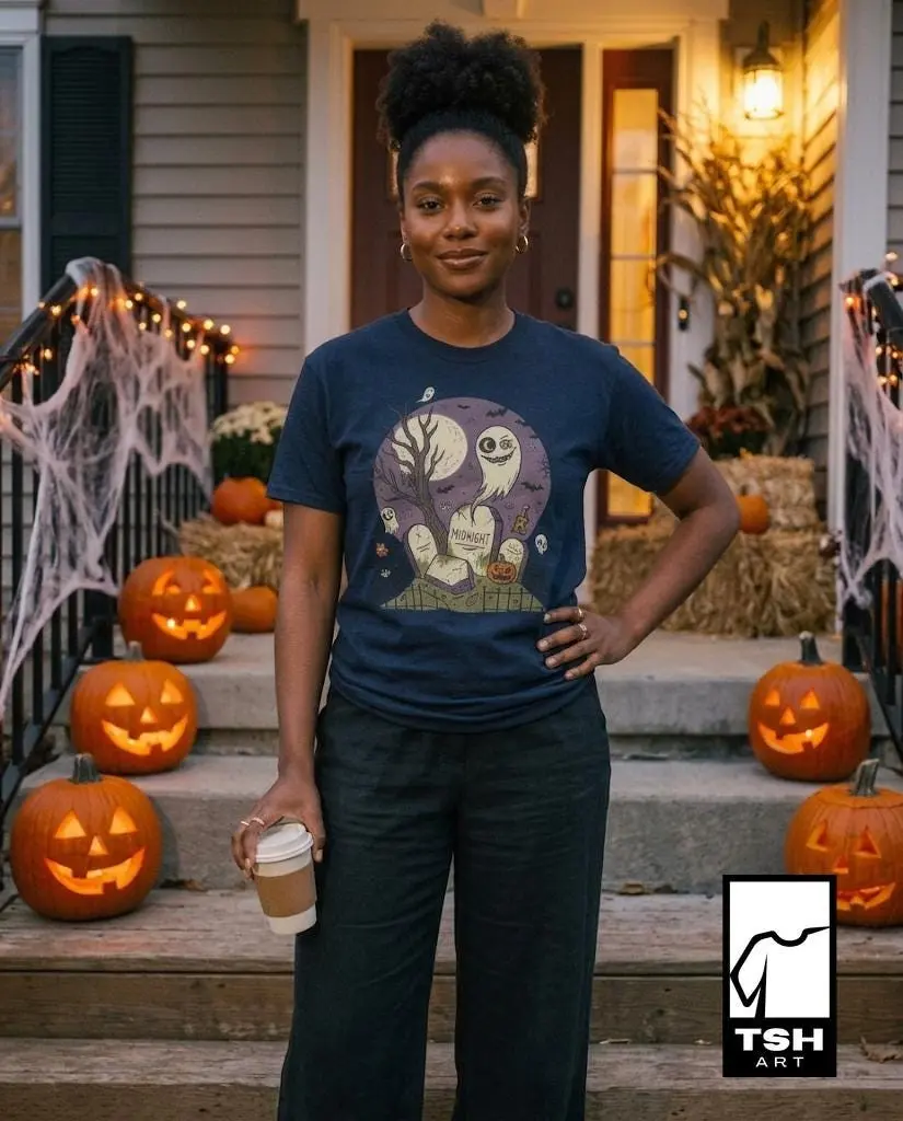 Spooky Graveyard T-Shirt for Women, Ghost Full Moon Graphic Tee, Haunted Cemetery Vintage Halloween Unisex Gift Top - photo 2