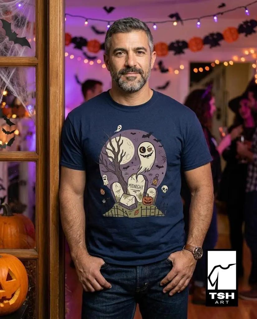 Spooky Graveyard T-Shirt for Women, Ghost Full Moon Graphic Tee, Haunted Cemetery Vintage Halloween Unisex Gift Top - photo 3