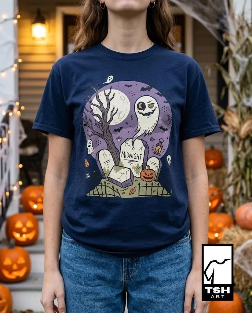 Spooky Graveyard T-Shirt for Women, Ghost Full Moon Graphic Tee, Haunted Cemetery Vintage Halloween Unisex Gift Top - photo 4