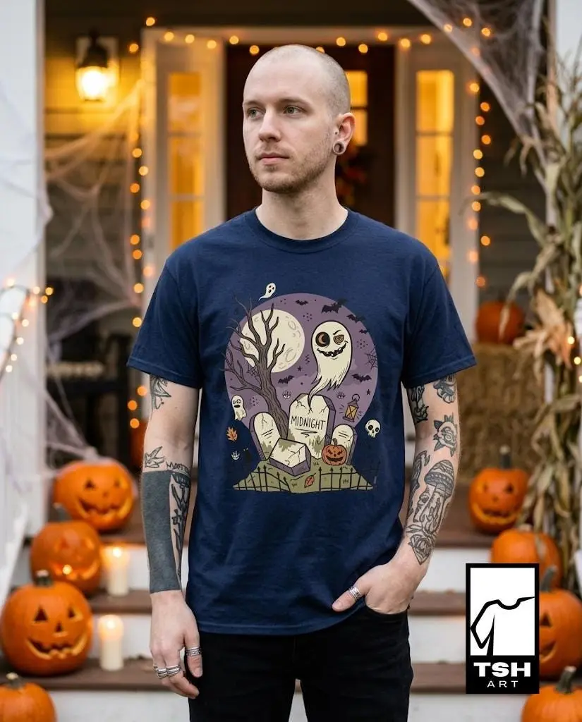 Spooky Graveyard T-Shirt for Women, Ghost Full Moon Graphic Tee, Haunted Cemetery Vintage Halloween Unisex Gift Top - photo 5