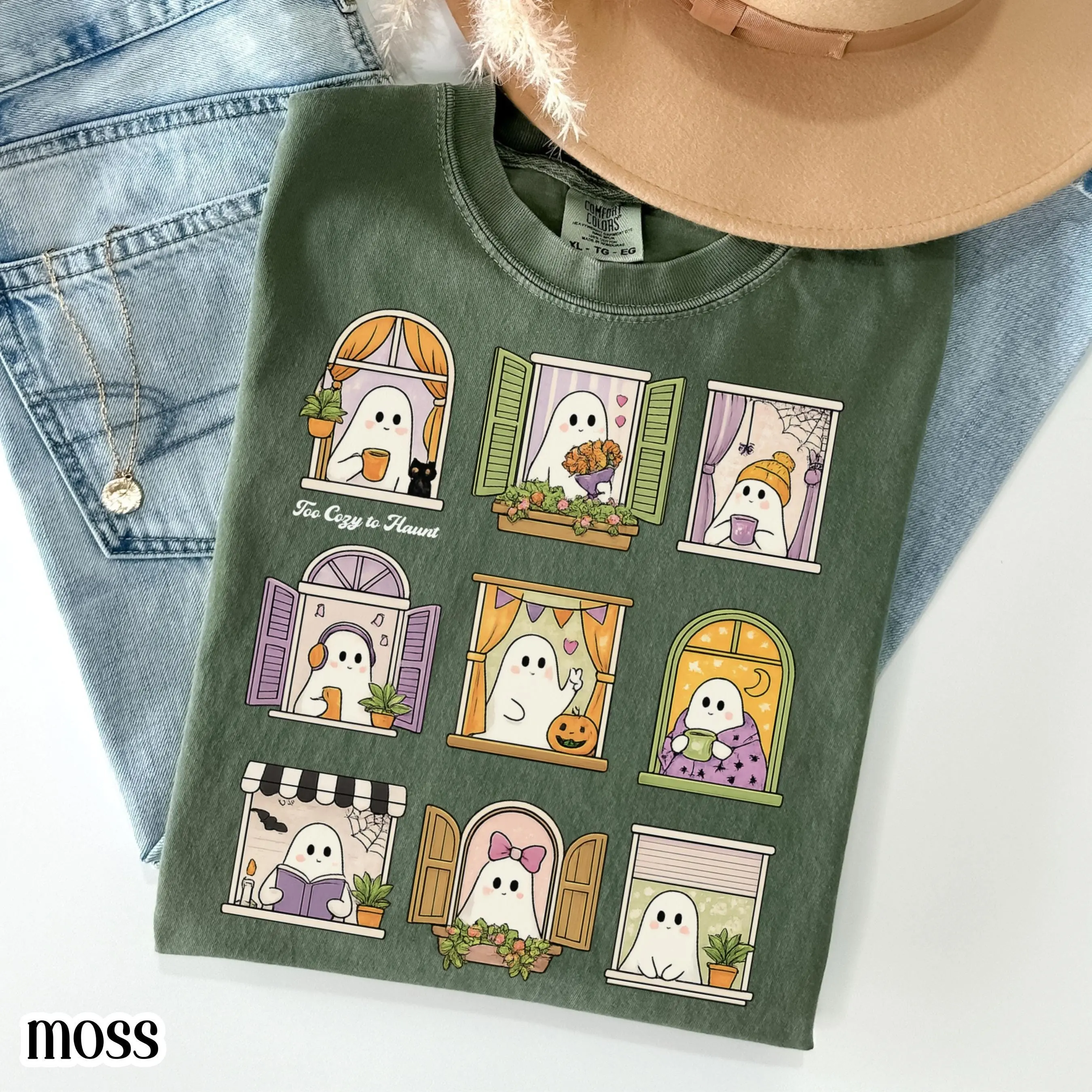 Too Cozy To Haunt Halloween Ghost Comfort Colors Shirt, Bookish Librarian Reader Kawaii Cottagecore Fall Tee