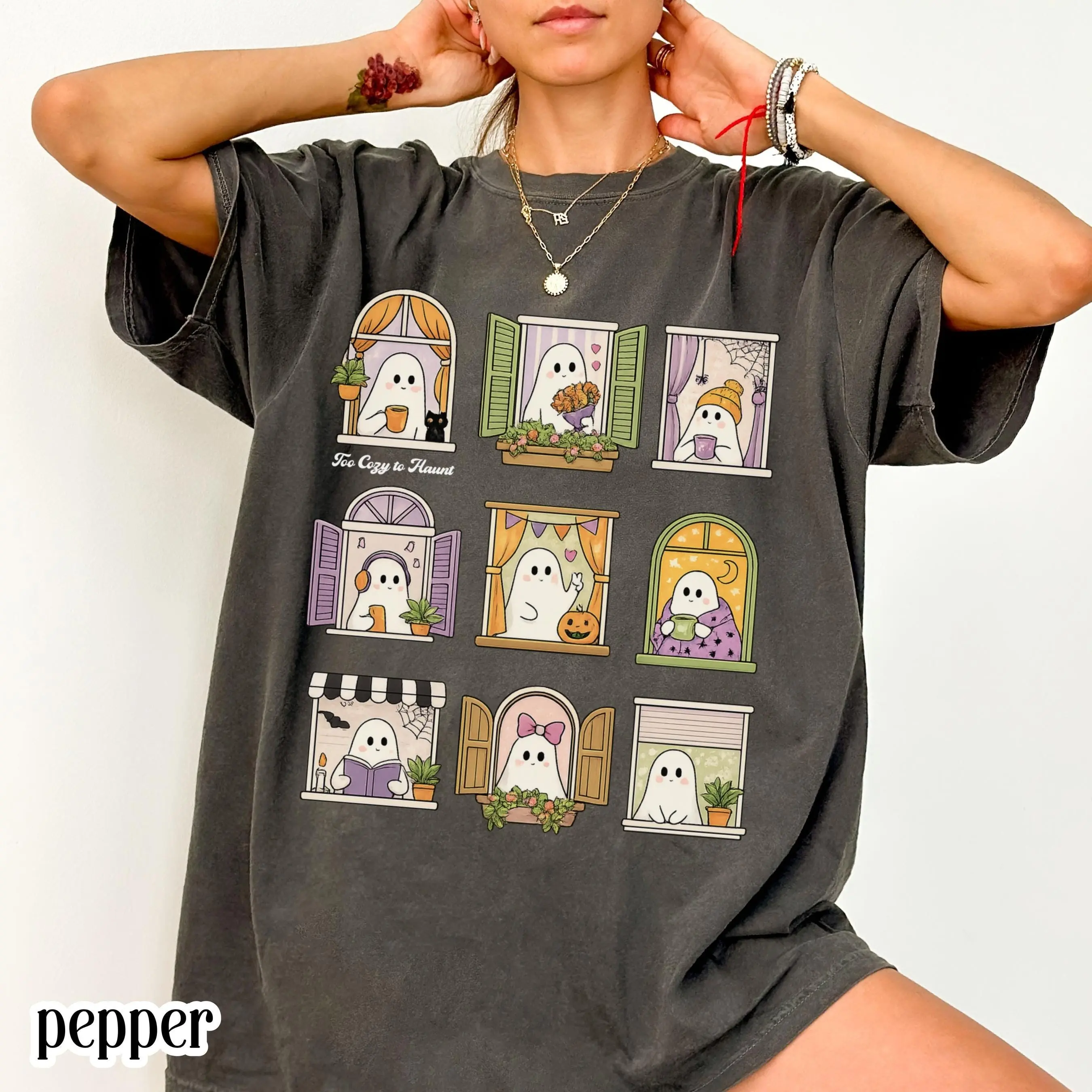Too Cozy To Haunt Halloween Ghost Comfort Colors Shirt, Bookish Librarian Reader Kawaii Cottagecore Fall Tee - photo 3