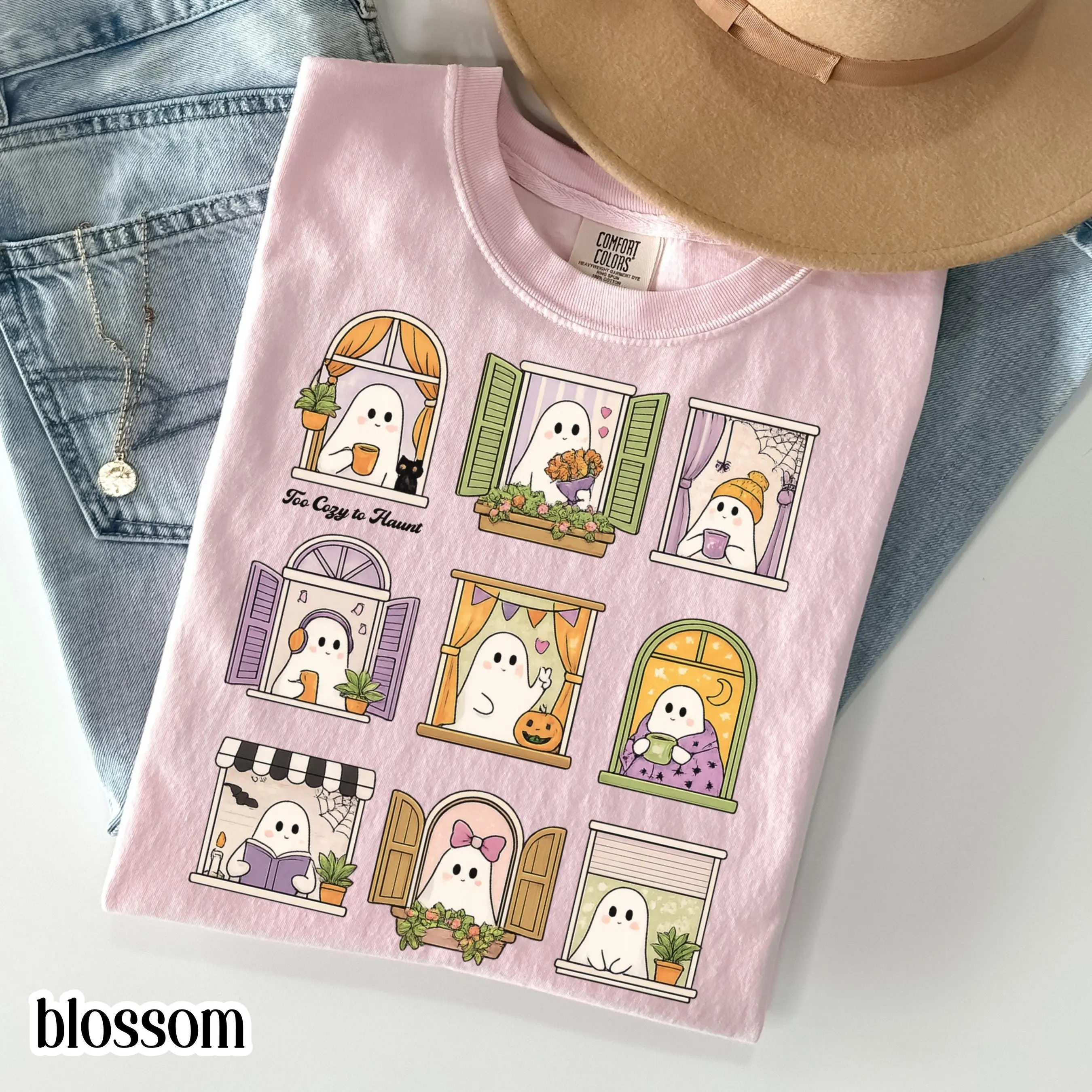 Too Cozy To Haunt Halloween Ghost Comfort Colors Shirt, Bookish Librarian Reader Kawaii Cottagecore Fall Tee - photo 4
