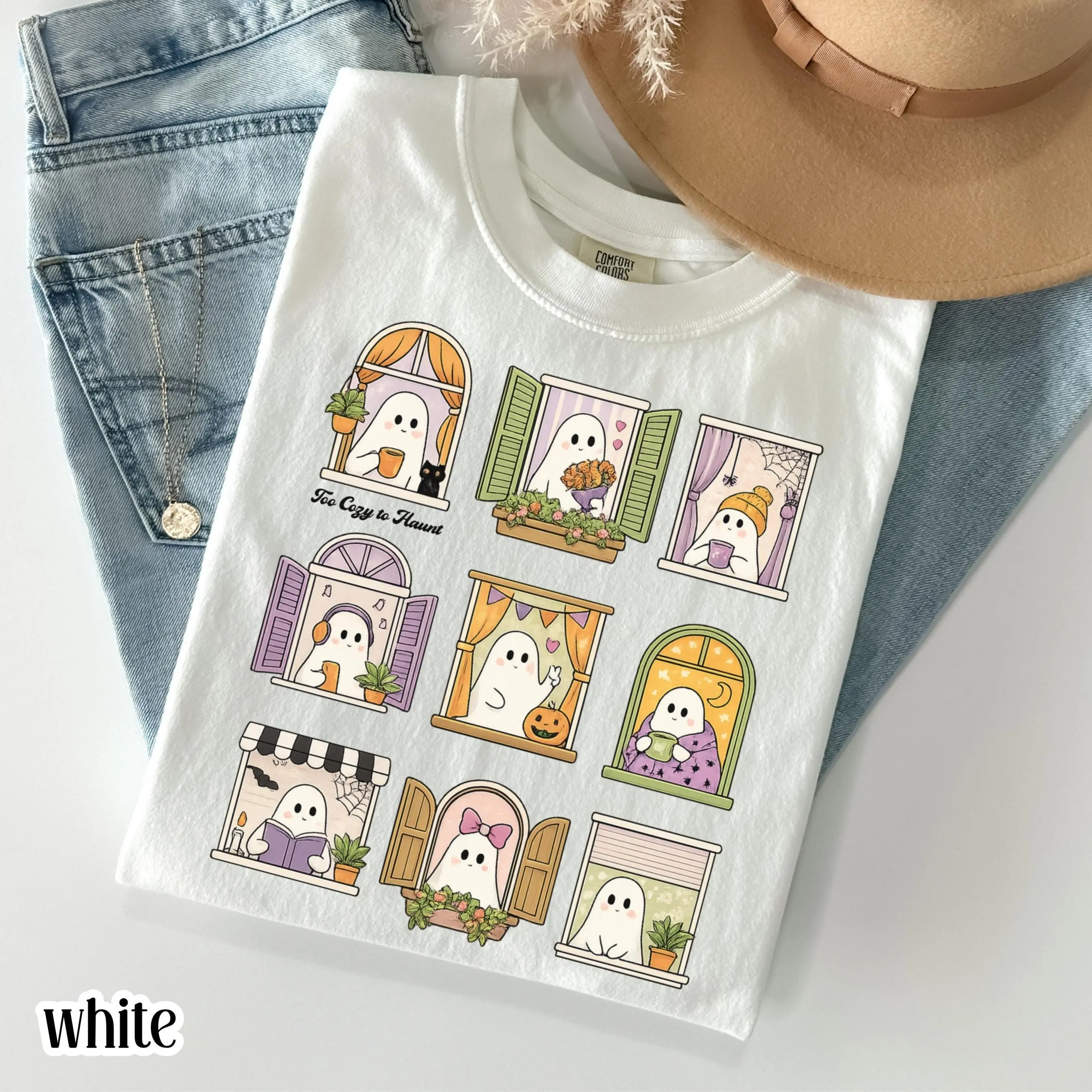 Too Cozy To Haunt Halloween Ghost Comfort Colors Shirt, Bookish Librarian Reader Kawaii Cottagecore Fall Tee - photo 5