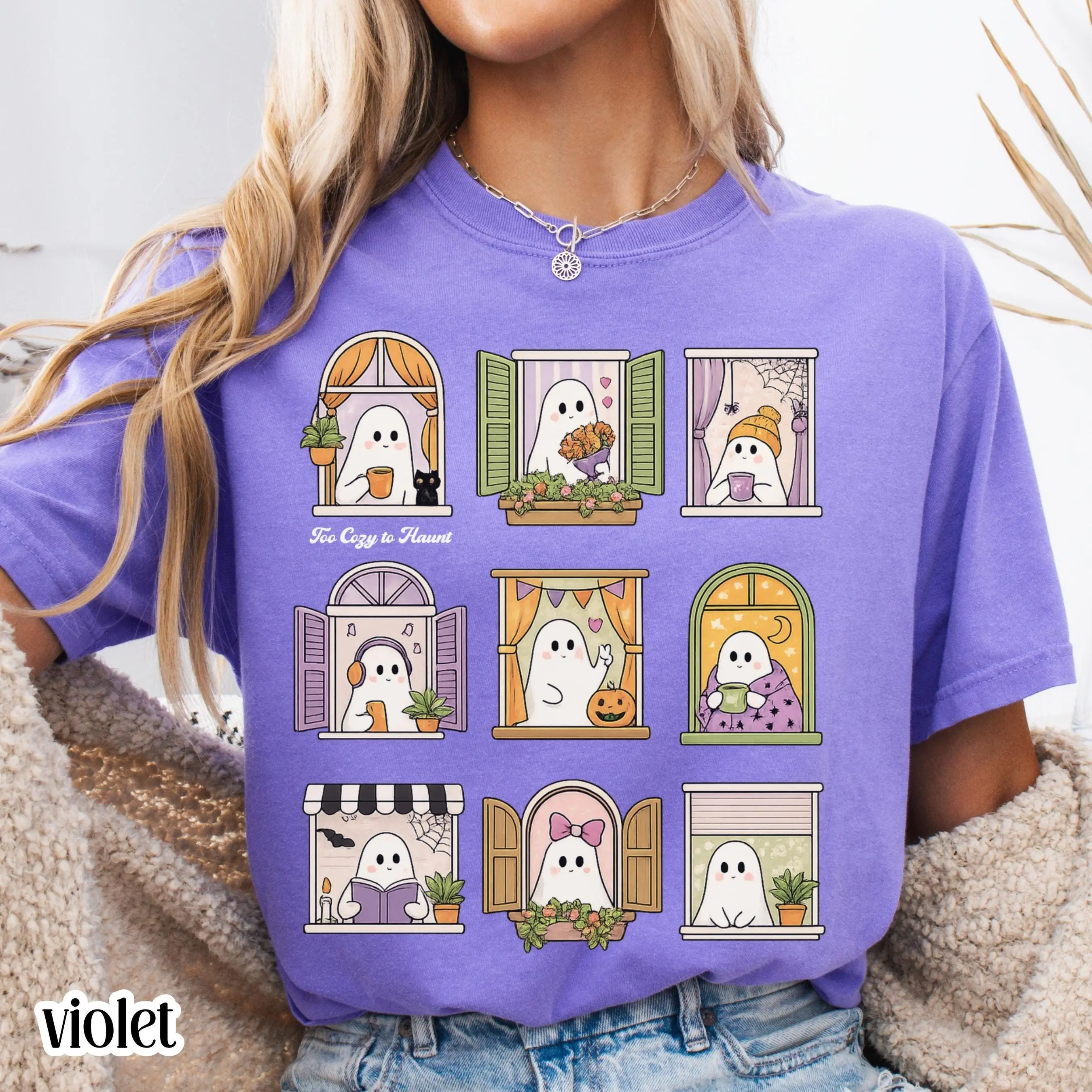 Comfort Colors Too Cozy To Haunt Shirt, Spooky Halloween Ghost Tee, Bookish Librarian Kawaii Cottagecore Womens Fall Top
