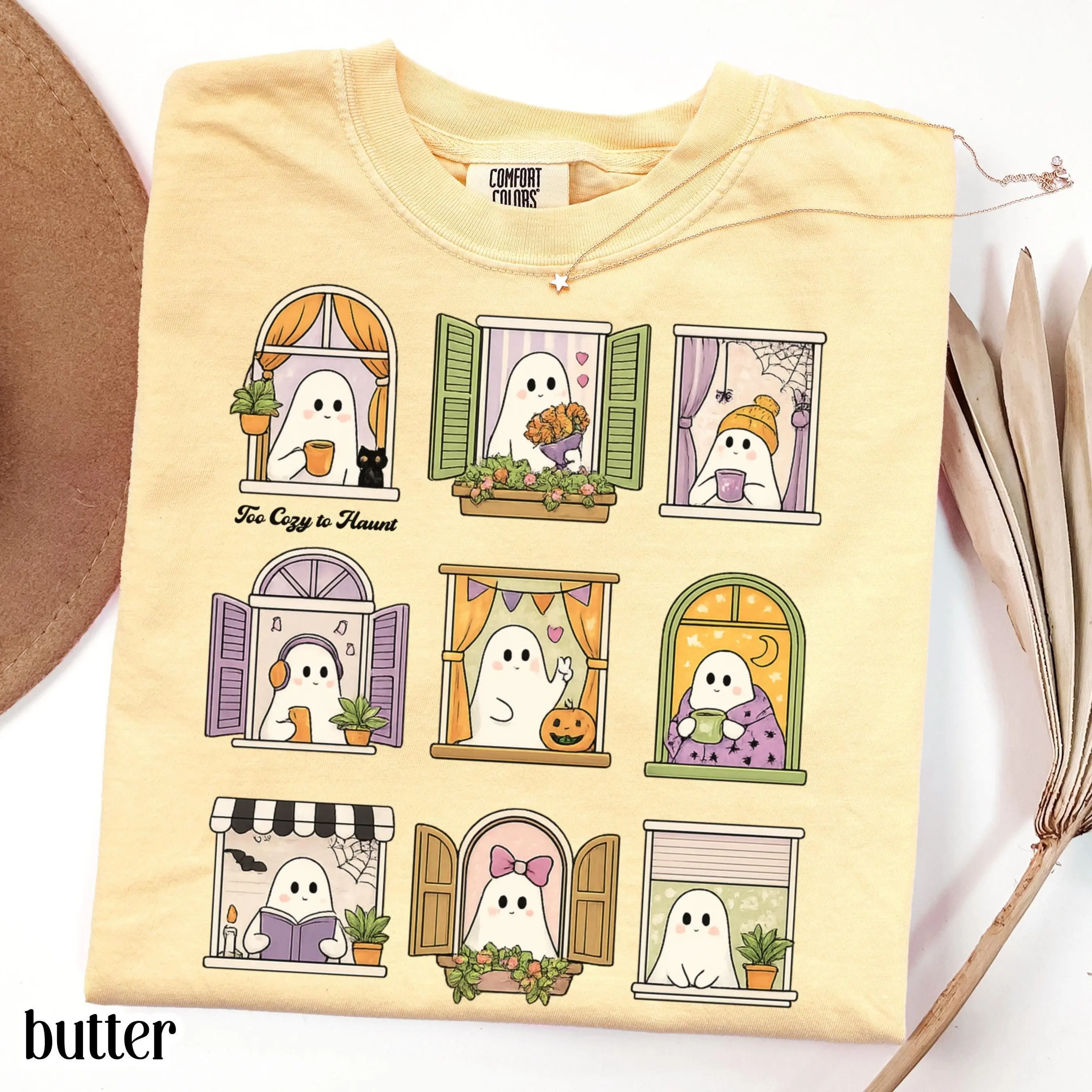 Comfort Colors Too Cozy To Haunt Shirt, Spooky Halloween Ghost Tee, Bookish Librarian Kawaii Cottagecore Womens Fall Top - photo 4
