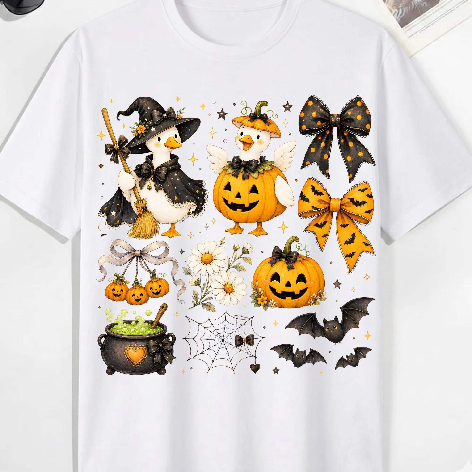 Spooky Halloween Goose Shirt, Cute Coquette Bow Ghost Tee, Funny Witchy Cottagecore Womens Fall Graphic Top