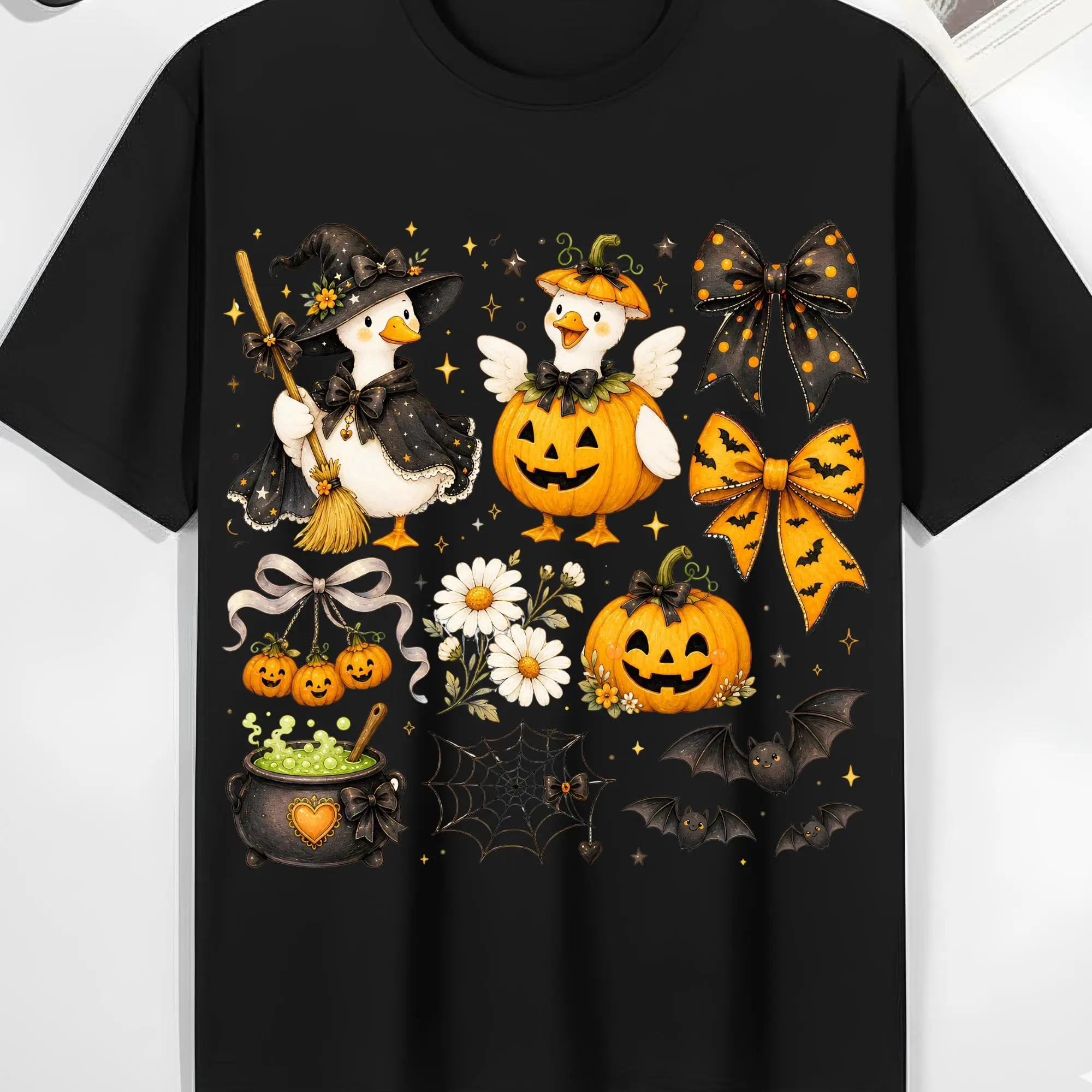 Spooky Halloween Goose Shirt, Cute Coquette Bow Ghost Tee, Funny Witchy Cottagecore Womens Fall Graphic Top - photo 3