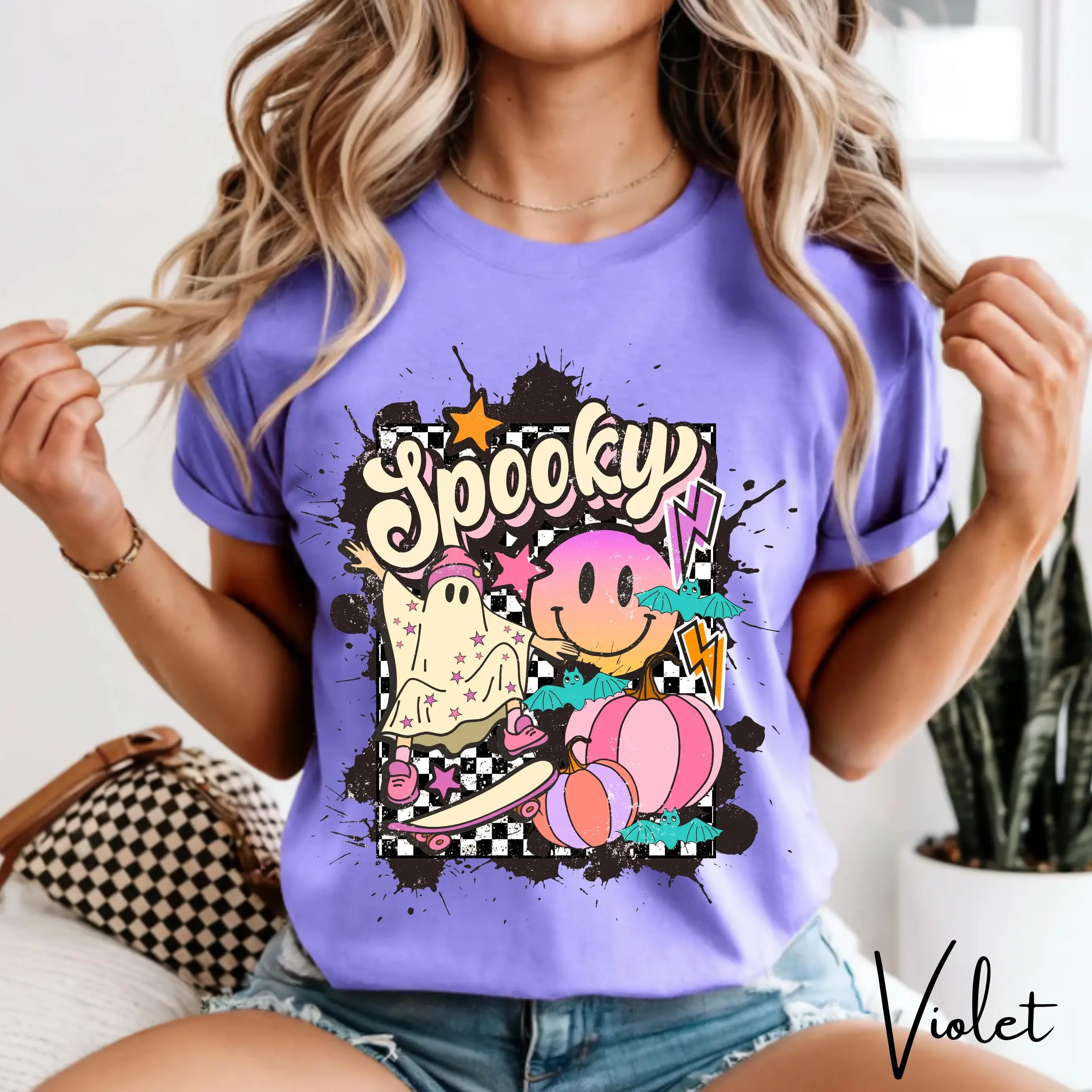 Comfort Colors 1717 Cute Ghost Halloween Shirt, Retro Graffiti Pumpkin Spooky Season Trendy Fall Tee
