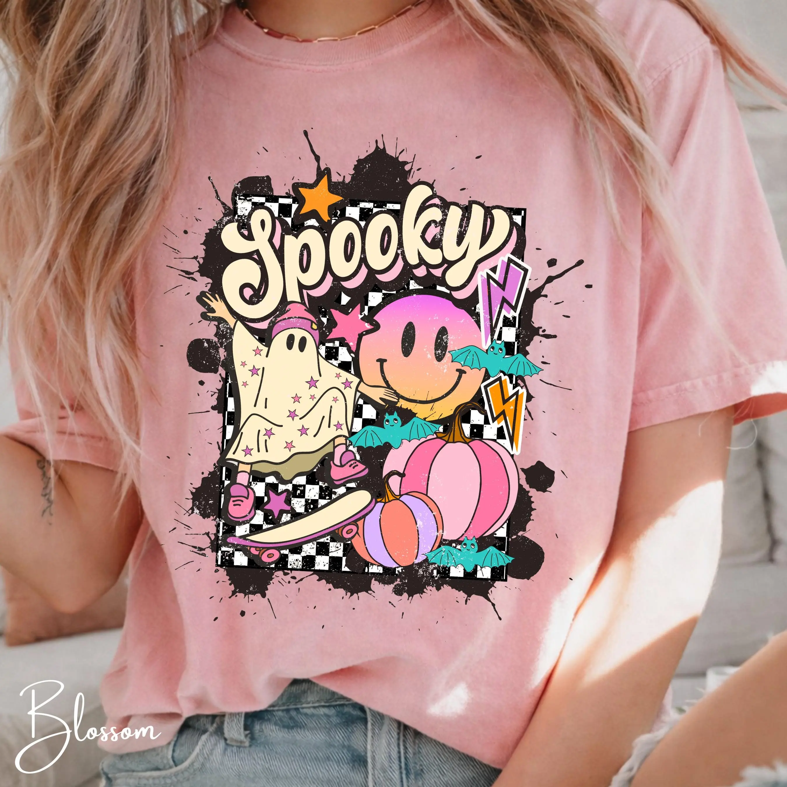 Comfort Colors 1717 Cute Ghost Halloween Shirt, Retro Graffiti Pumpkin Spooky Season Trendy Fall Tee - photo 3
