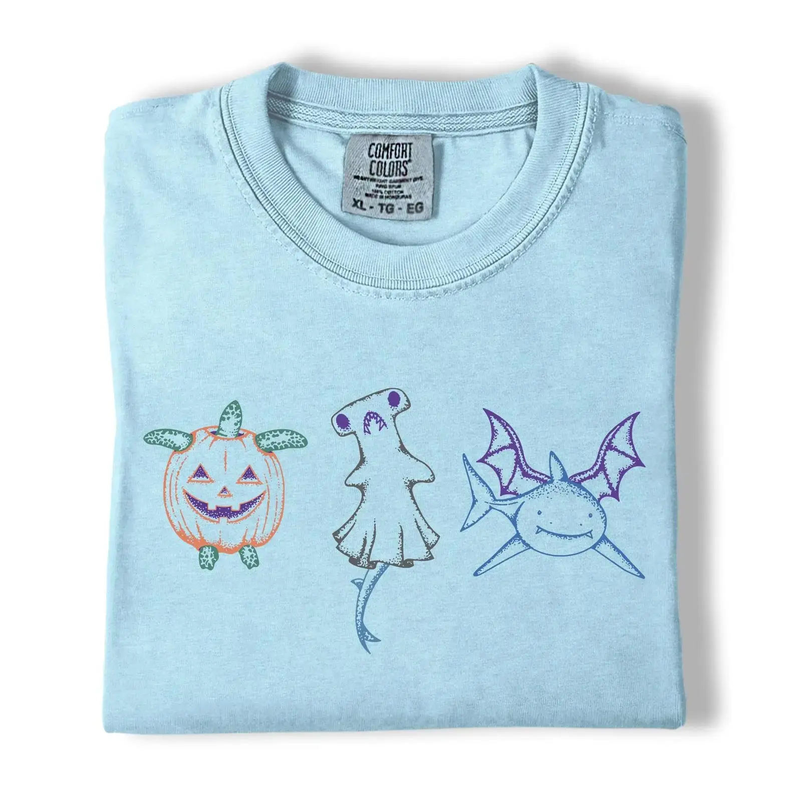 Spooky Hammerhead Ghost Shark Halloween Graphic Tee, Comfort Colors Pumpkin Turtle Ocean Animal Shirt