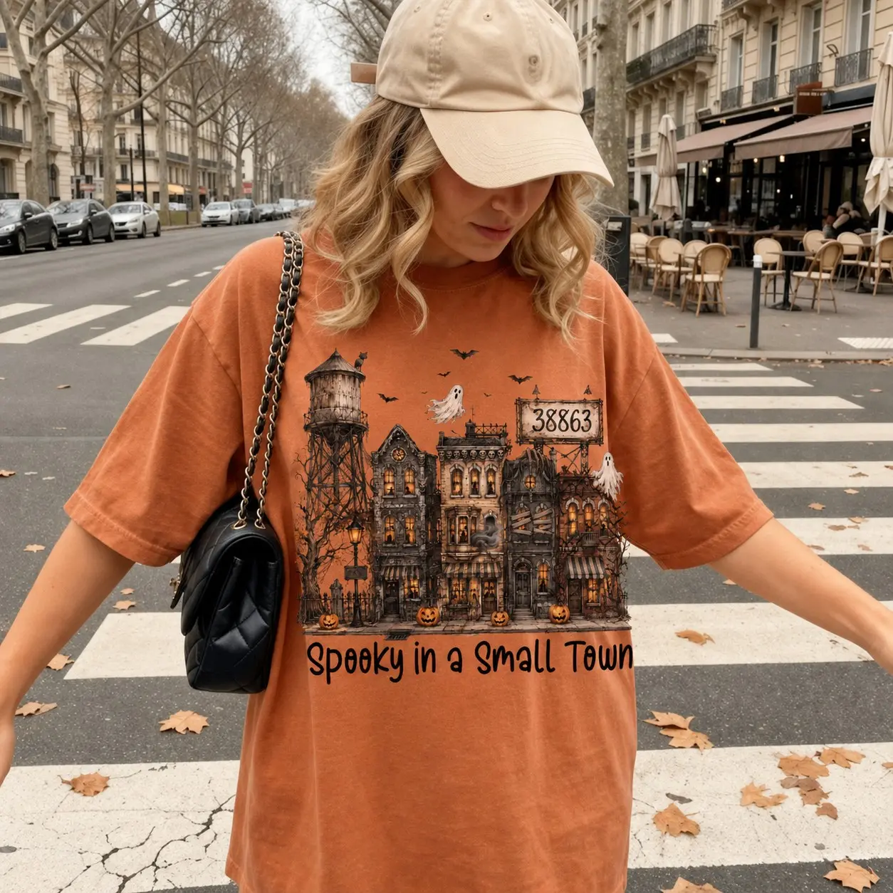 Spooky In A Small Town Halloween T-Shirt for Women, Haunted Village Ghost Pumpkin Graphic Tee, Vintage Fall Top