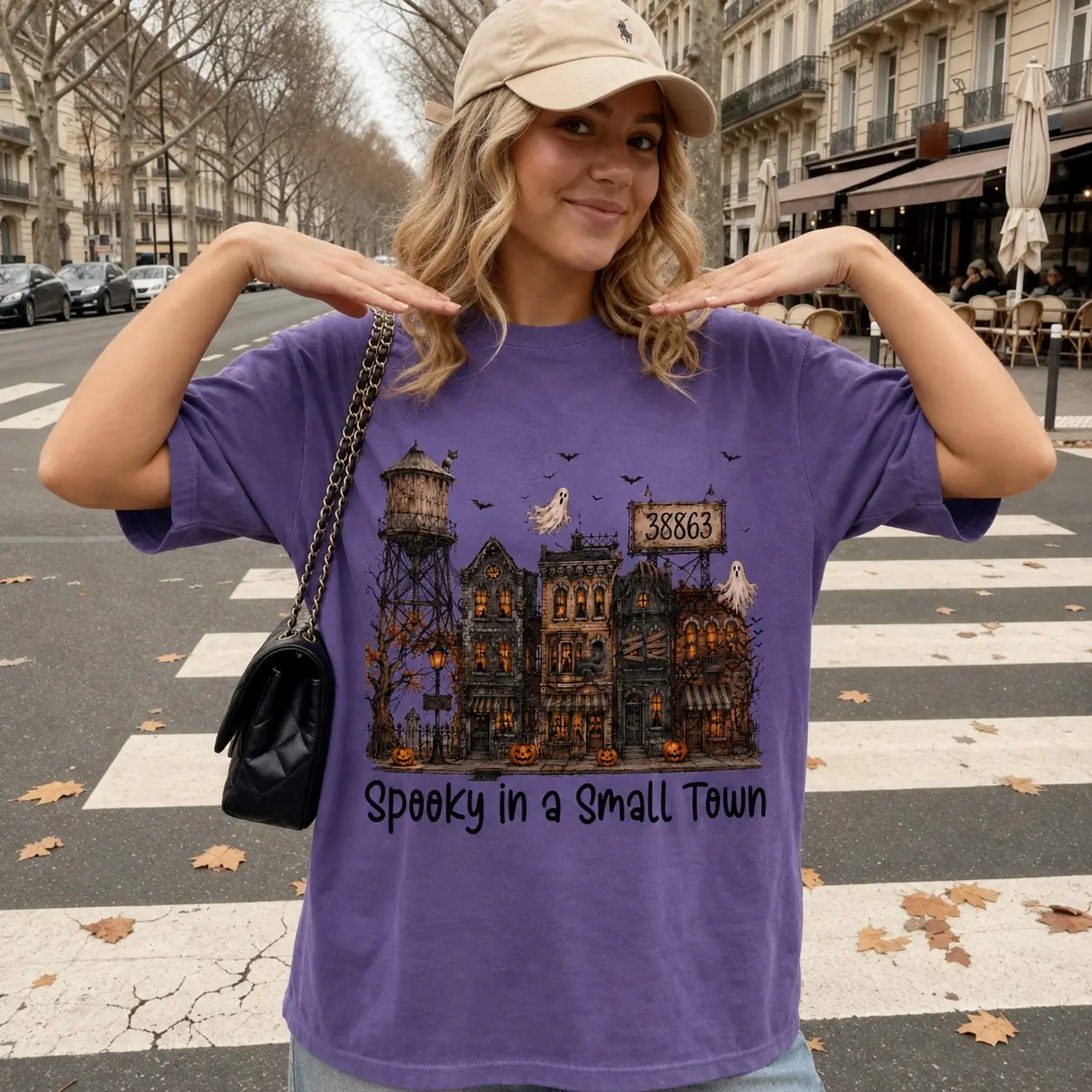 Spooky In A Small Town Halloween T-Shirt for Women, Haunted Village Ghost Pumpkin Graphic Tee, Vintage Fall Top - photo 2