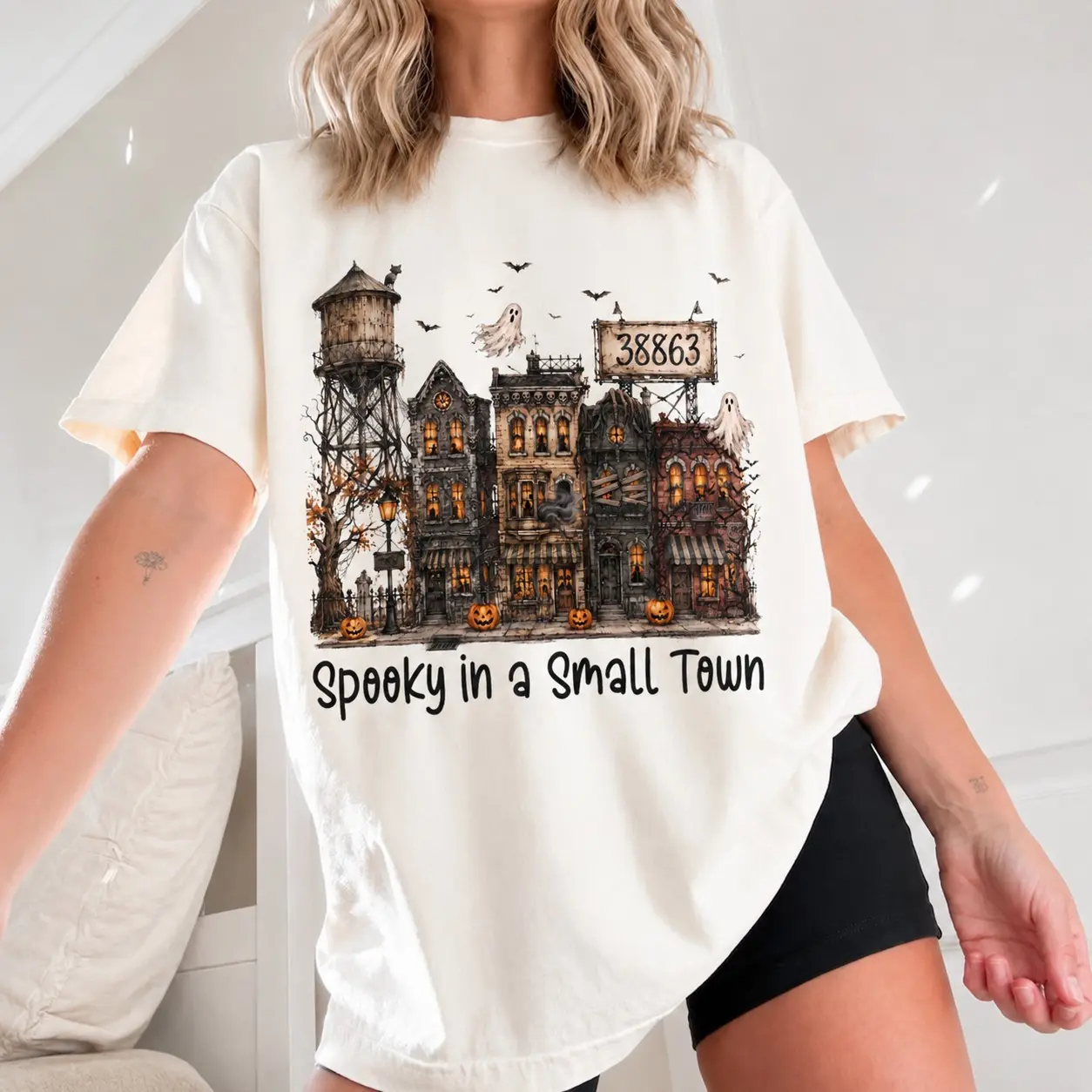 Spooky In A Small Town Halloween T-Shirt for Women, Haunted Village Ghost Pumpkin Graphic Tee, Vintage Fall Top - photo 3