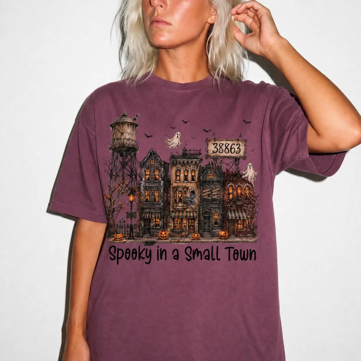 Spooky In A Small Town Halloween T-Shirt for Women, Haunted Village Ghost Pumpkin Graphic Tee, Vintage Fall Top - photo 4