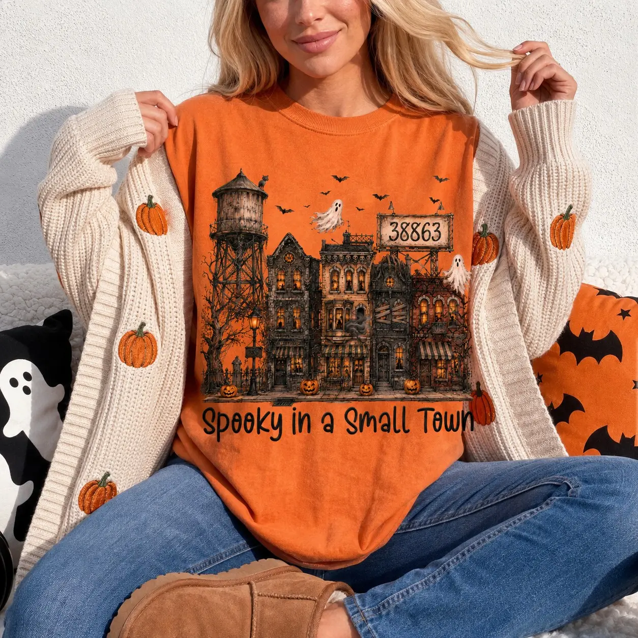 Spooky In A Small Town Halloween T-Shirt for Women, Haunted Village Ghost Pumpkin Graphic Tee, Vintage Fall Top - photo 5