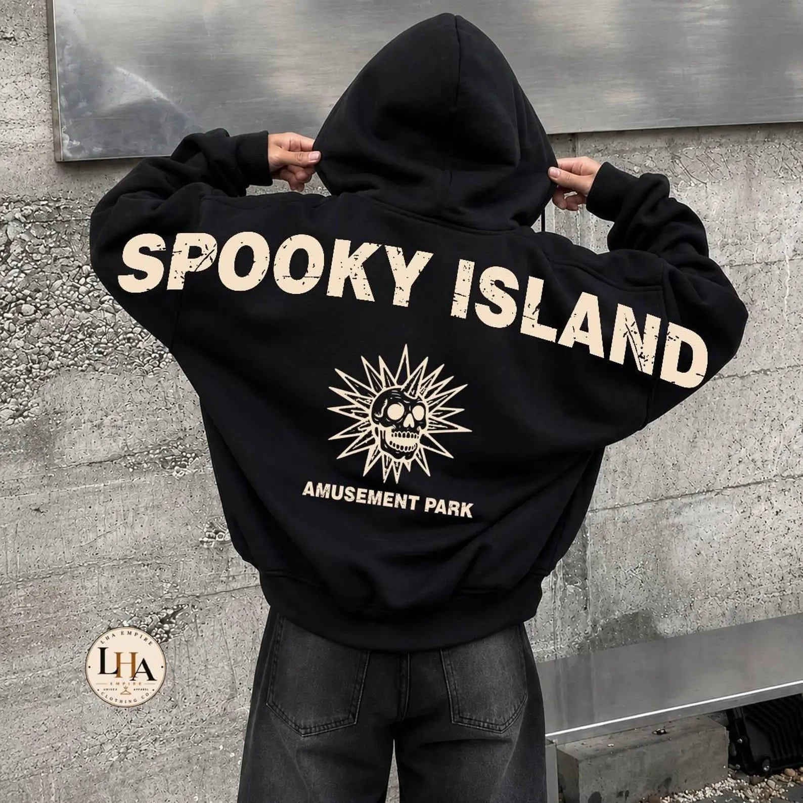 Spooky Island Across Back Hoodie, Skeleton Amusement Park Skull Halloween Shoulder-To-Shoulder Lettering