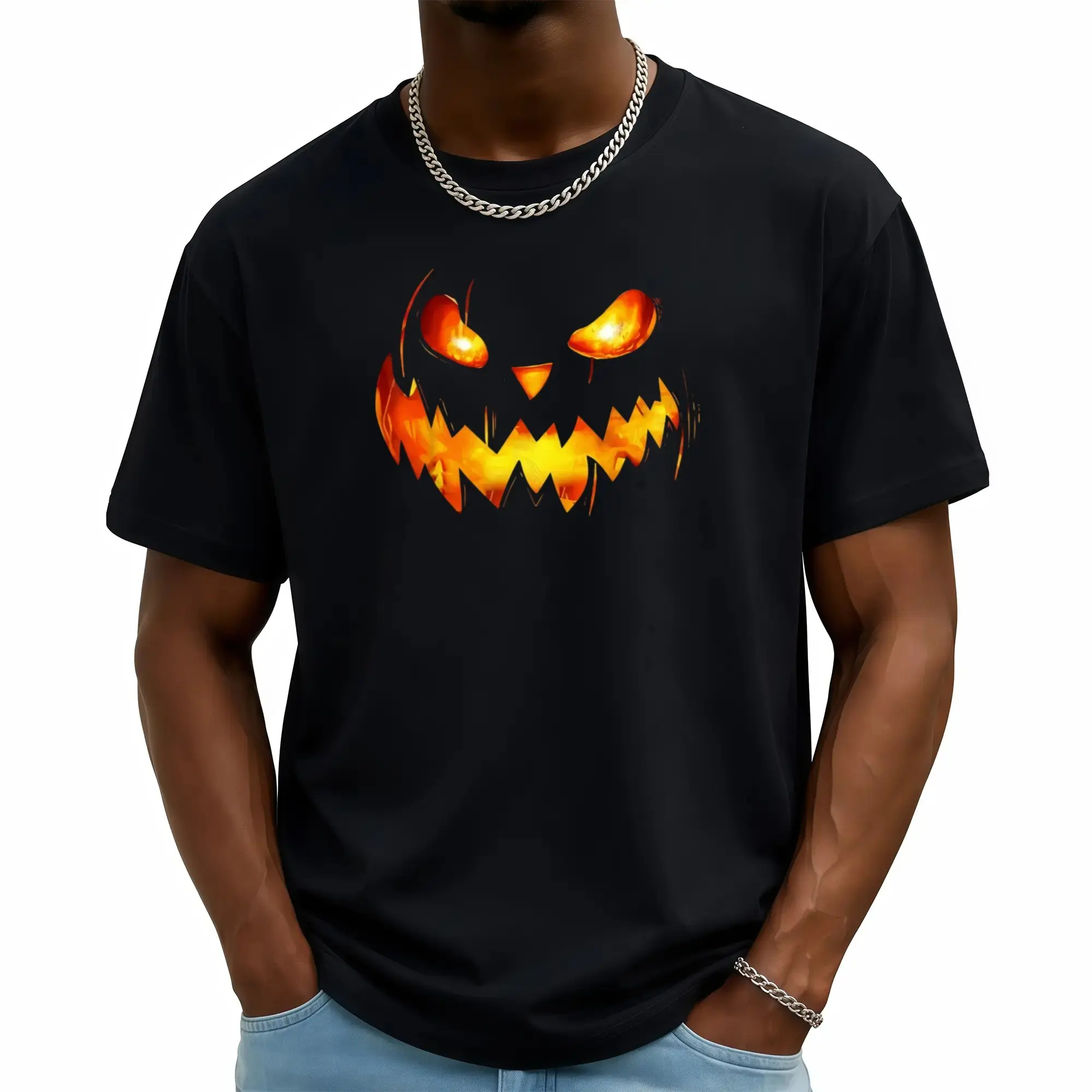 Spooky Jack-O'-Lantern Pumpkin Face Halloween T-Shirt, Heavyweight Cotton Crew Neck Glowing Eyes Tee