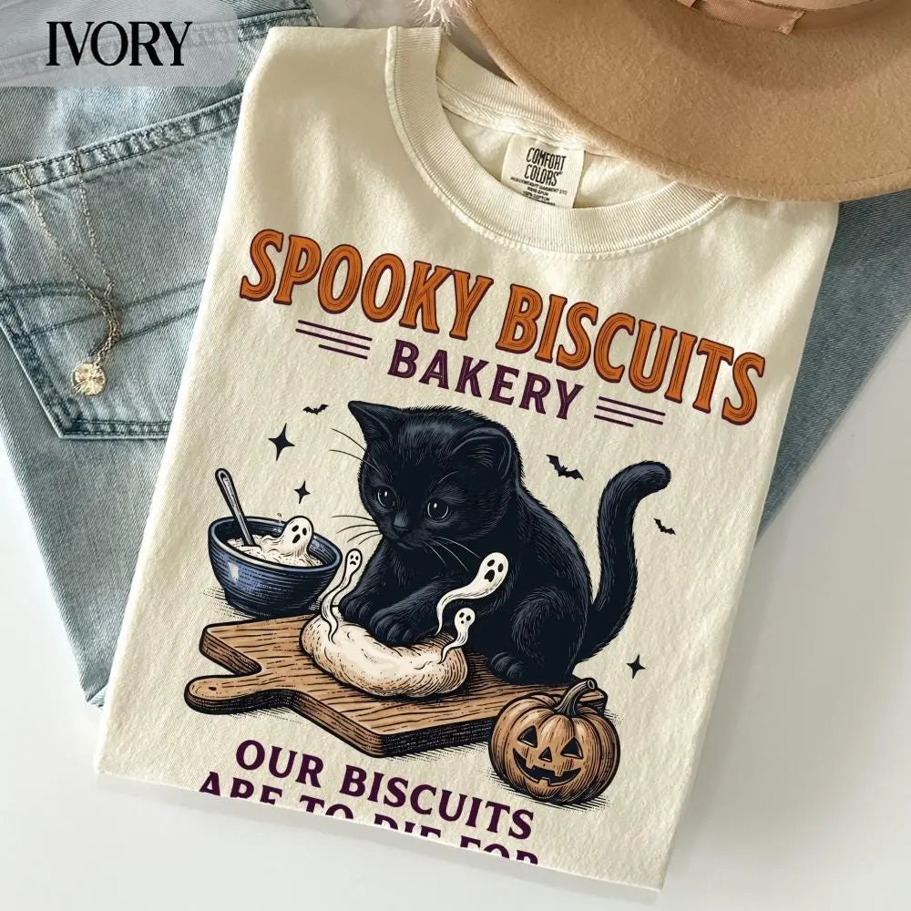 Spooky Kitty Biscuits Bakery Halloween Comfort Colors T-Shirt, Black Cat Fall Baker Sweatshirt, Cute Cat Lover Shirt