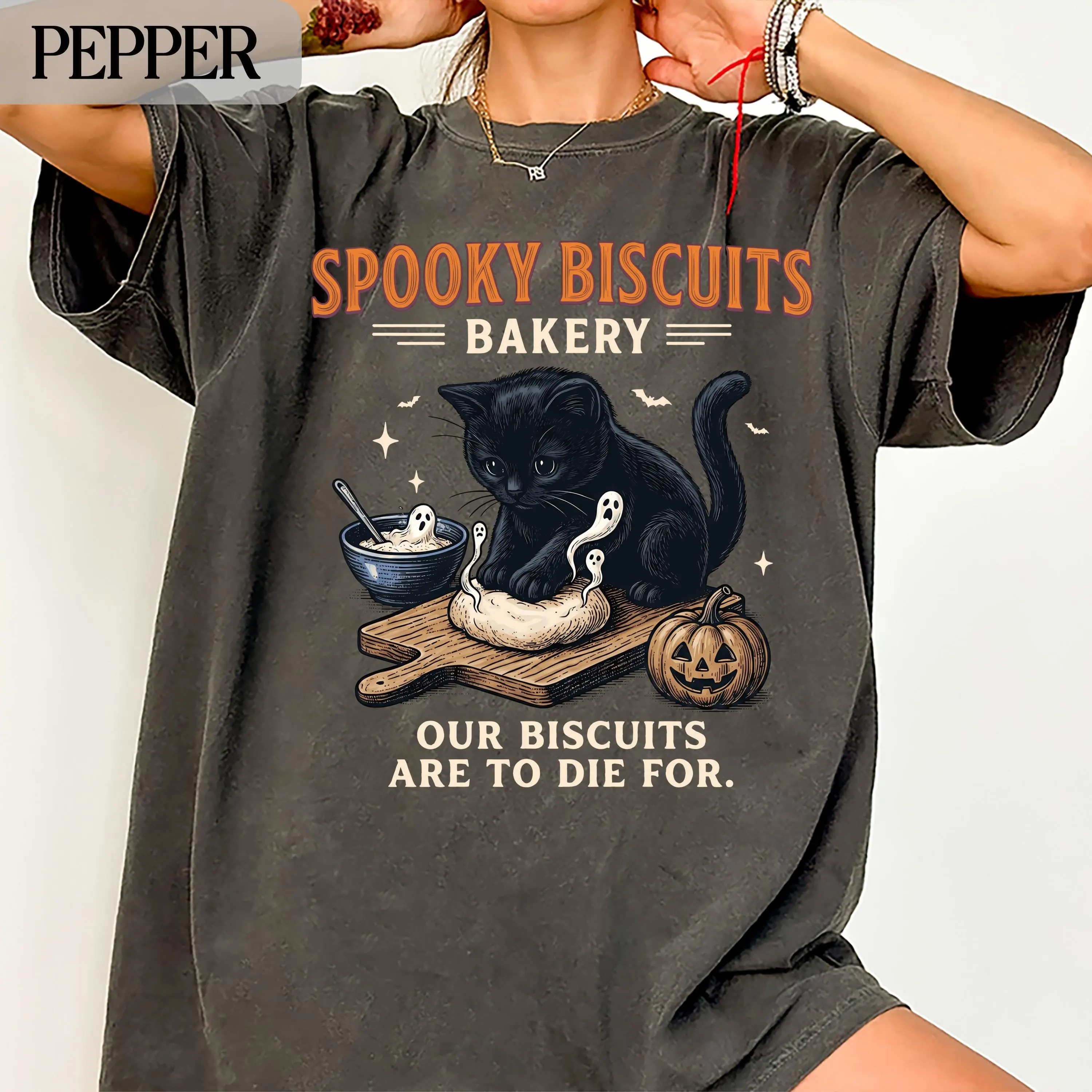 Spooky Kitty Biscuits Bakery Halloween Comfort Colors T-Shirt, Black Cat Fall Baker Sweatshirt, Cute Cat Lover Shirt - photo 2
