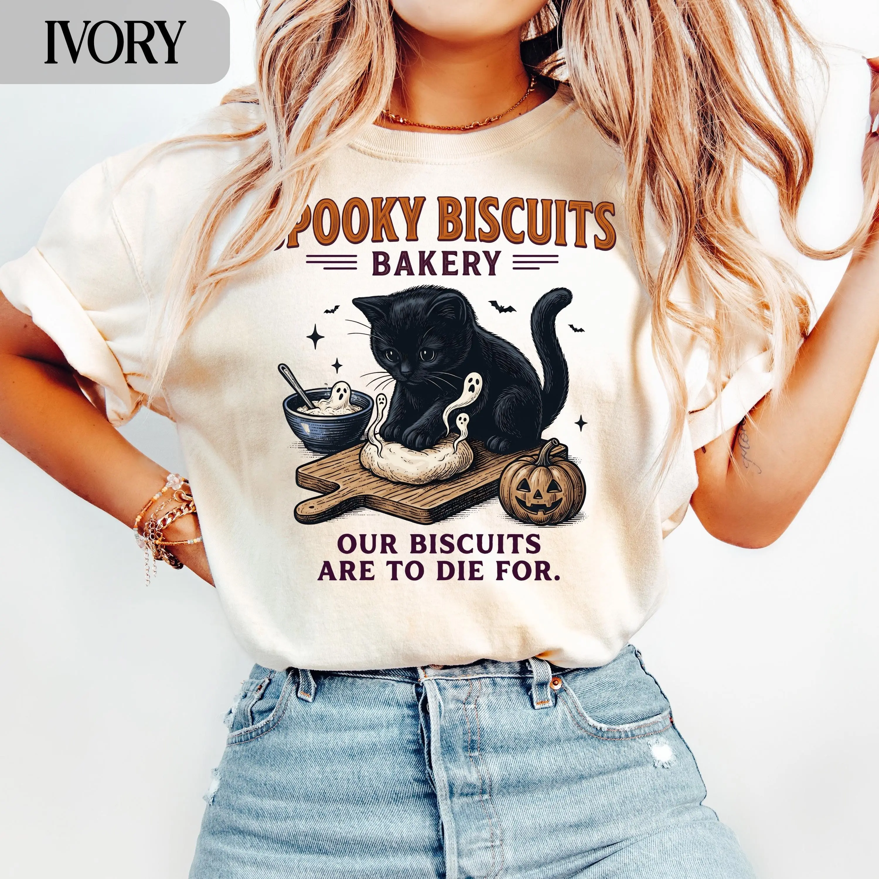 Spooky Kitty Biscuits Bakery Halloween Comfort Colors T-Shirt, Black Cat Fall Baker Sweatshirt, Cute Cat Lover Shirt - photo 3