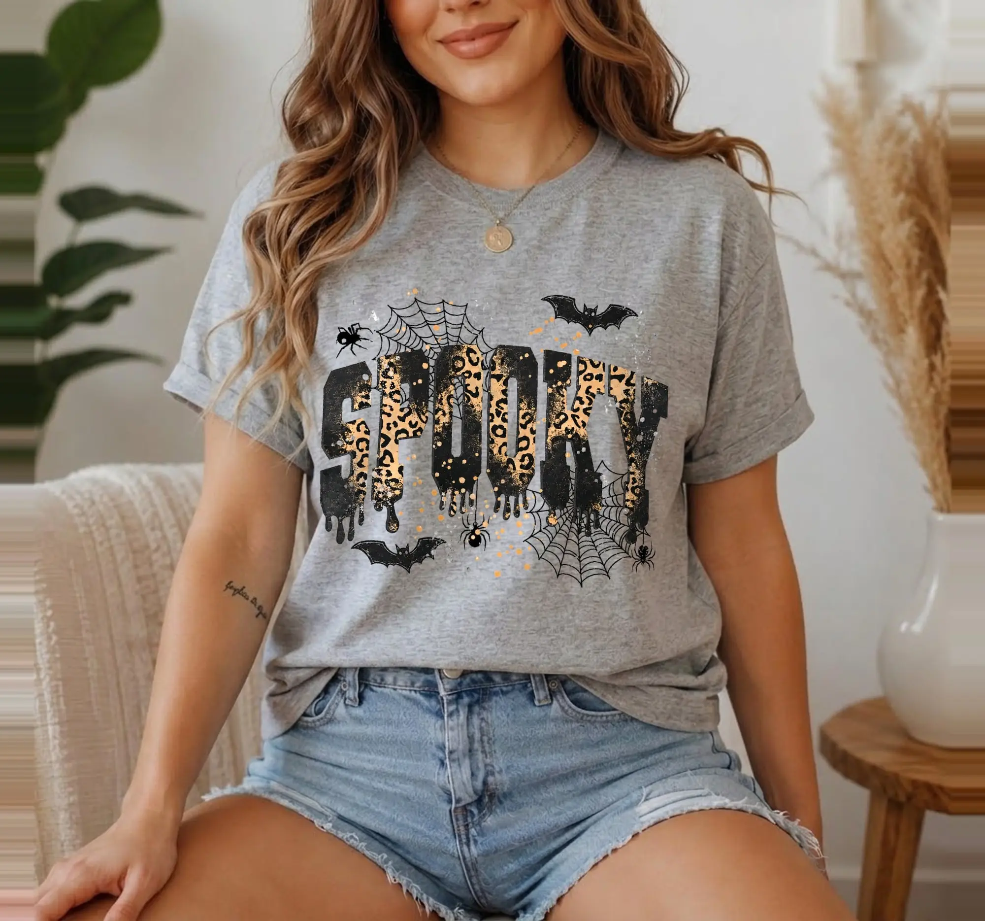Spooky Leopard Print Halloween Sweatshirt, Cute Fall Graphic Crewneck Pullover Gift for Men and Women - photo 1