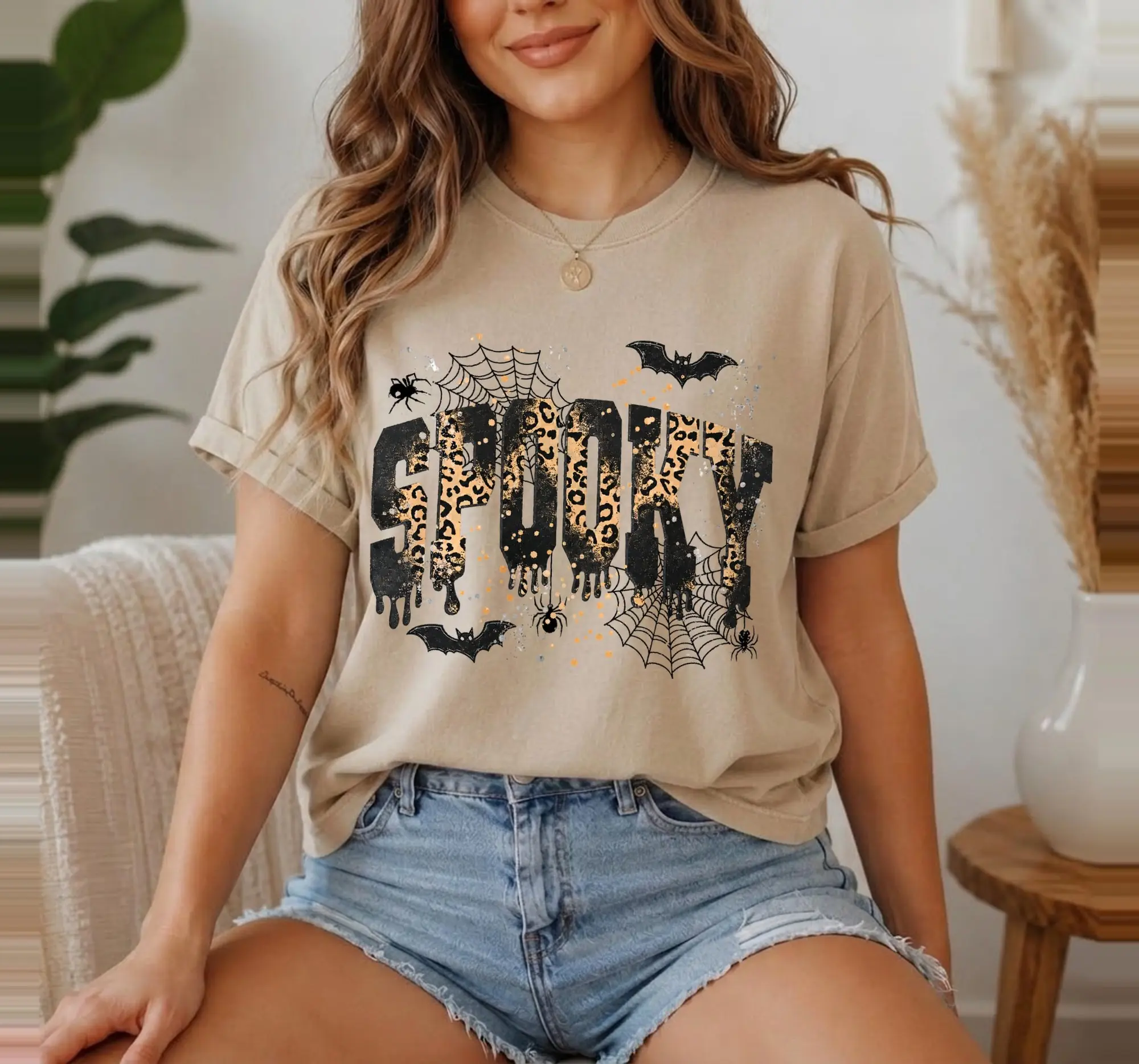 Spooky Leopard Print Halloween Sweatshirt, Cute Fall Graphic Crewneck Pullover Gift for Men and Women - photo 3