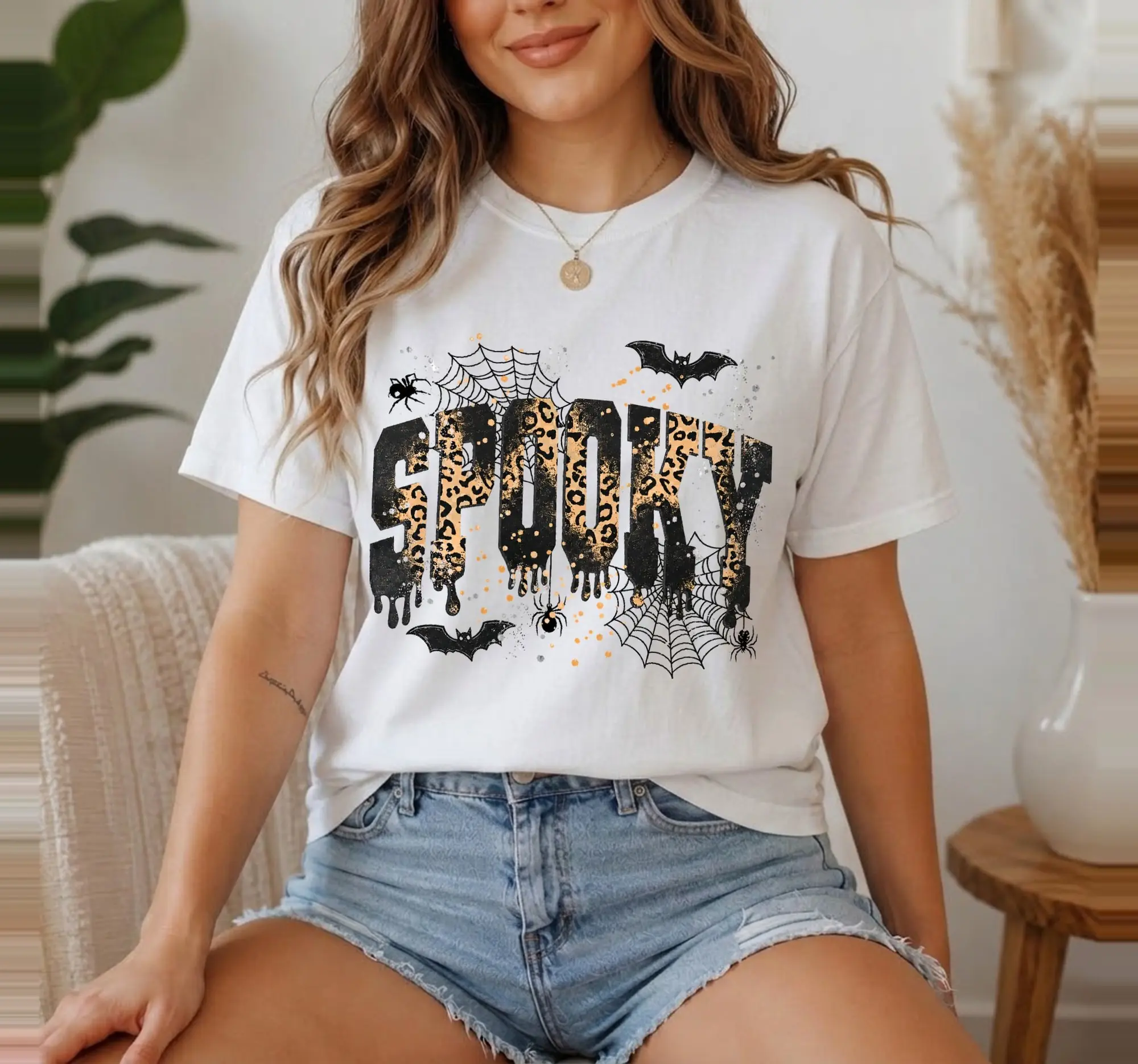 Spooky Leopard Print Halloween Sweatshirt, Cute Fall Graphic Crewneck Pullover Gift for Men and Women - photo 4