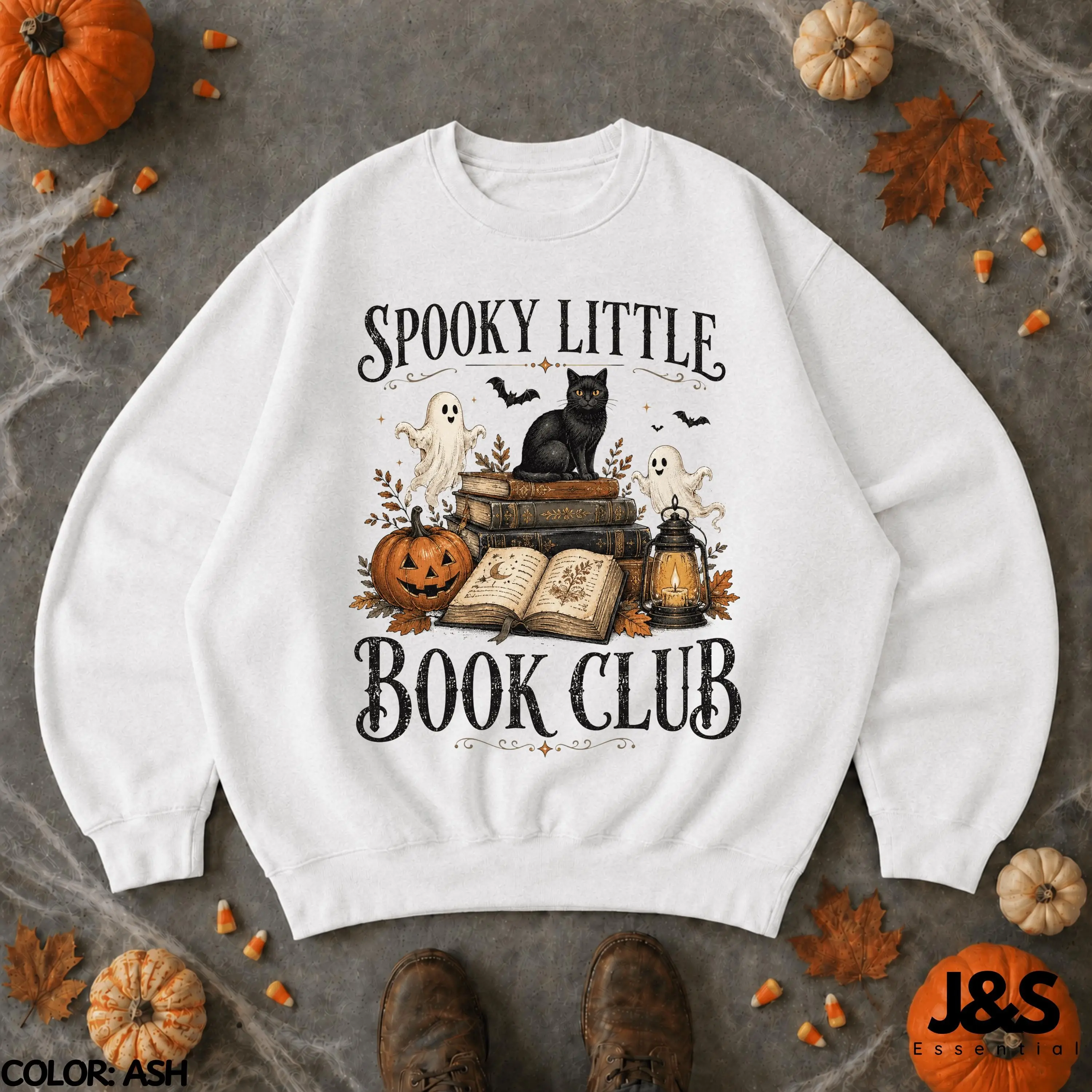 Spooky Little Book Club Halloween Shirt for Women, Ghost Cat Pumpkin Vintage Reader Witchy Lover Fall Graphic Top - photo 4