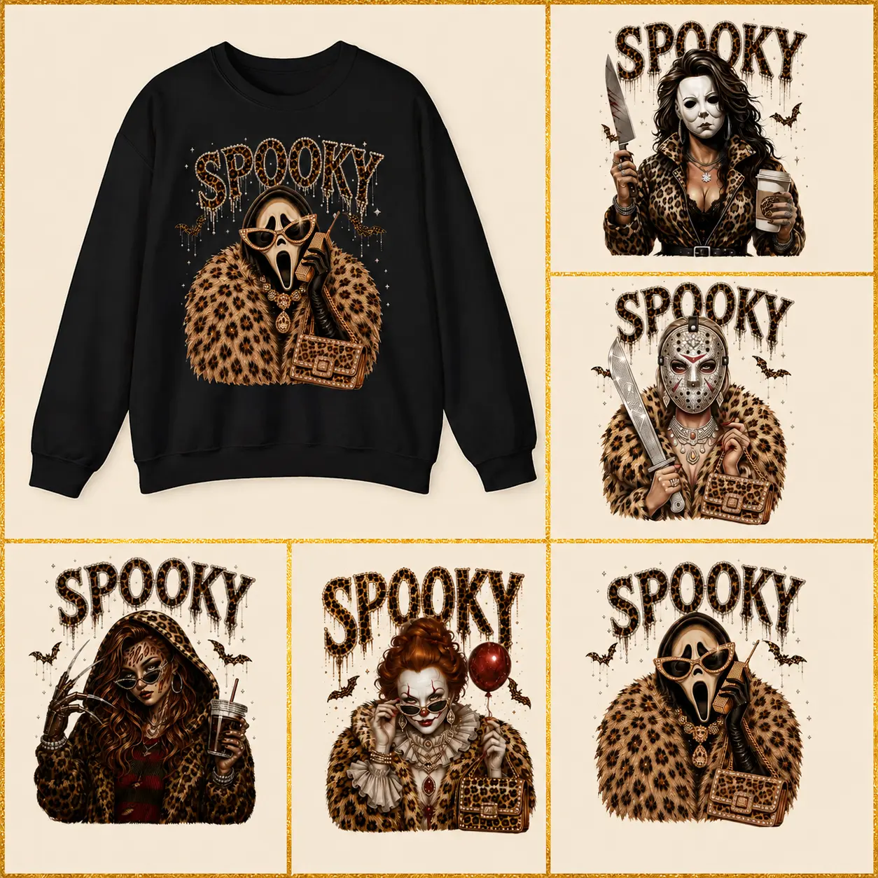 Spooky Mama Leopard Pullover Sweatshirt, Halloween Crewneck Fleece Graphic Top for Women