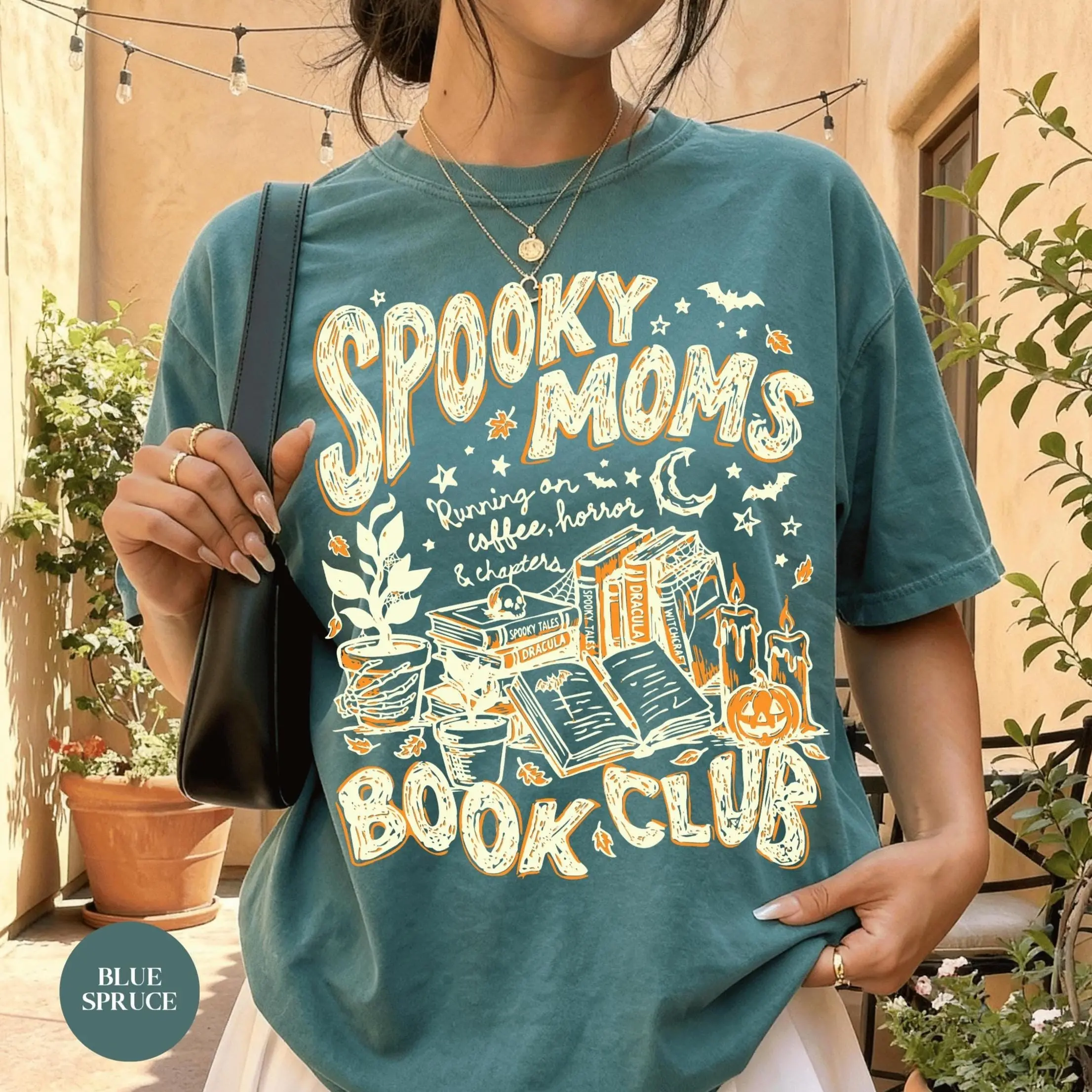 Spooky Moms Book Club Halloween Shirt, Comfort Colors Coffee Lover Tshirt, Reader Bookish Doodle Womens Fall Tee