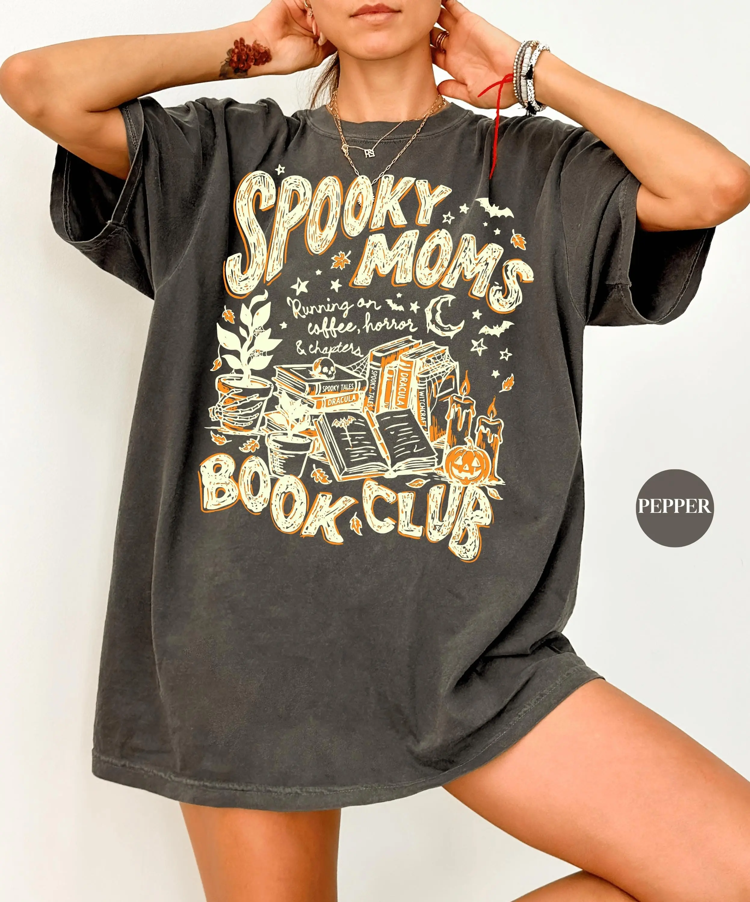 Spooky Moms Book Club Halloween Shirt, Comfort Colors Coffee Lover Tshirt, Reader Bookish Doodle Womens Fall Tee - photo 2