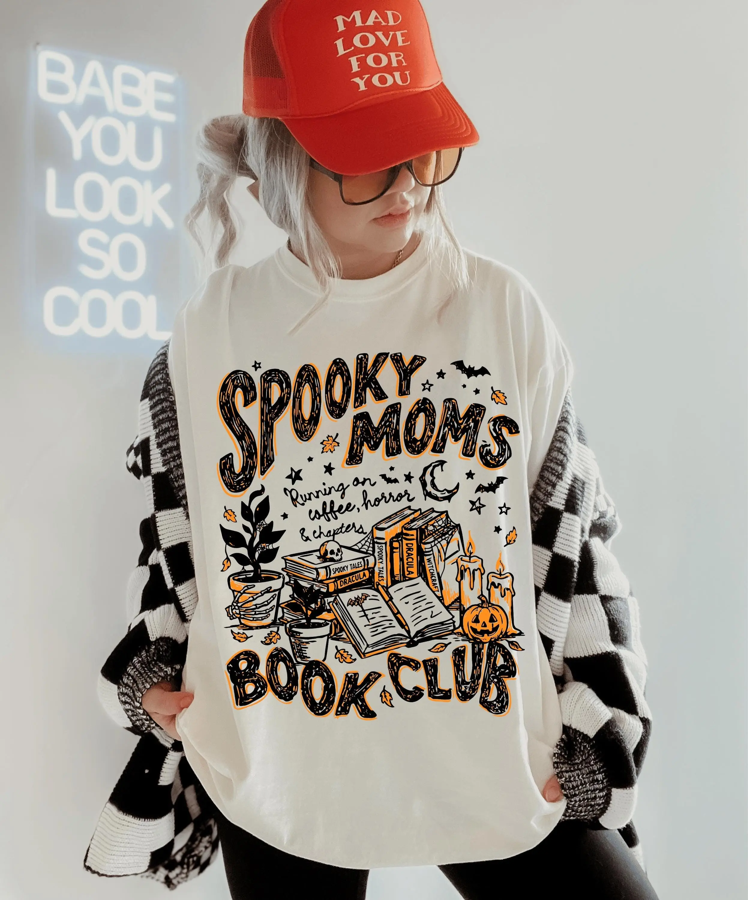 Spooky Moms Book Club Halloween Shirt, Comfort Colors Coffee Lover Tshirt, Reader Bookish Doodle Womens Fall Tee - photo 3