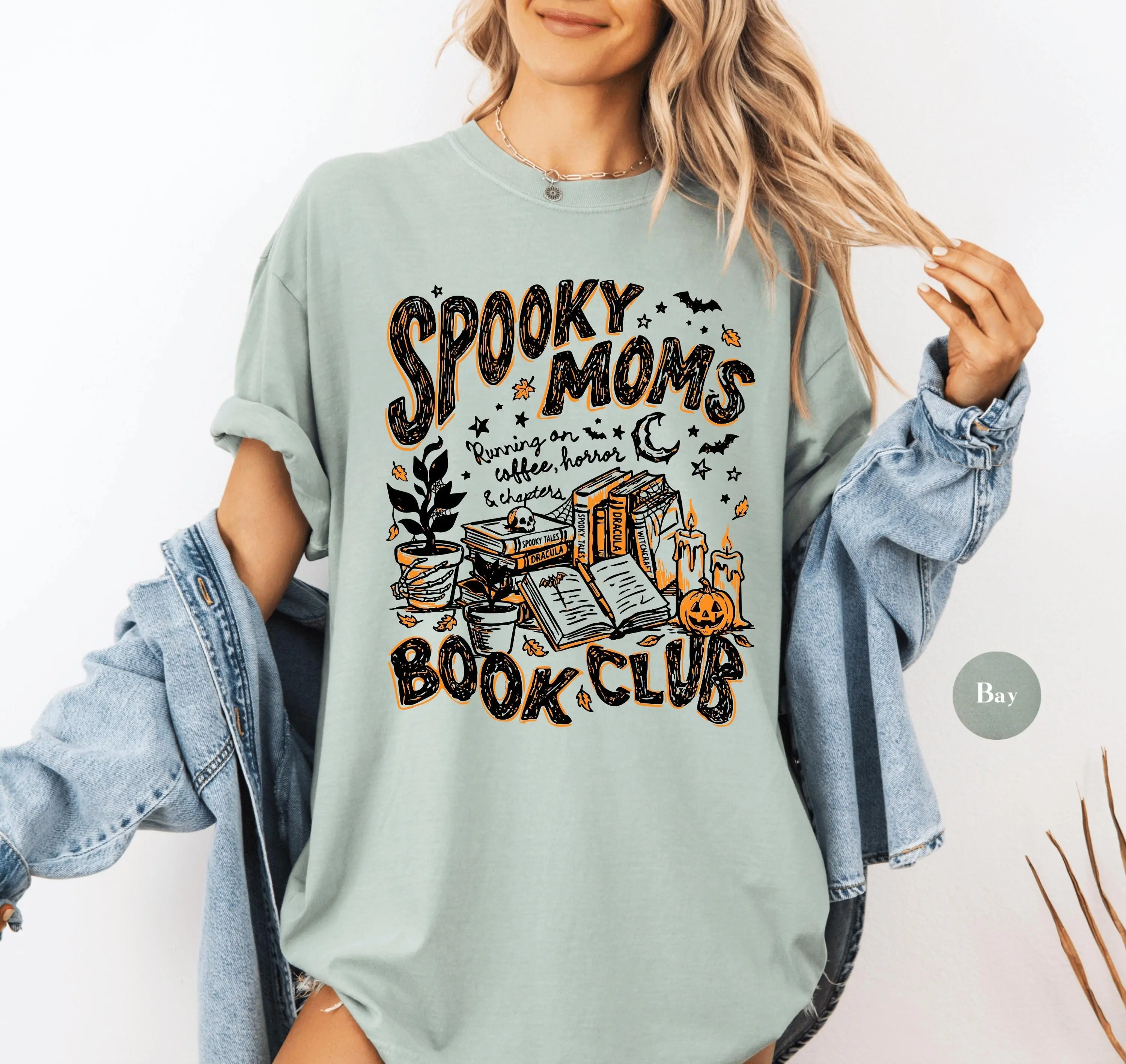 Spooky Moms Book Club Halloween Shirt, Comfort Colors Coffee Lover Tshirt, Reader Bookish Doodle Womens Fall Tee - photo 4