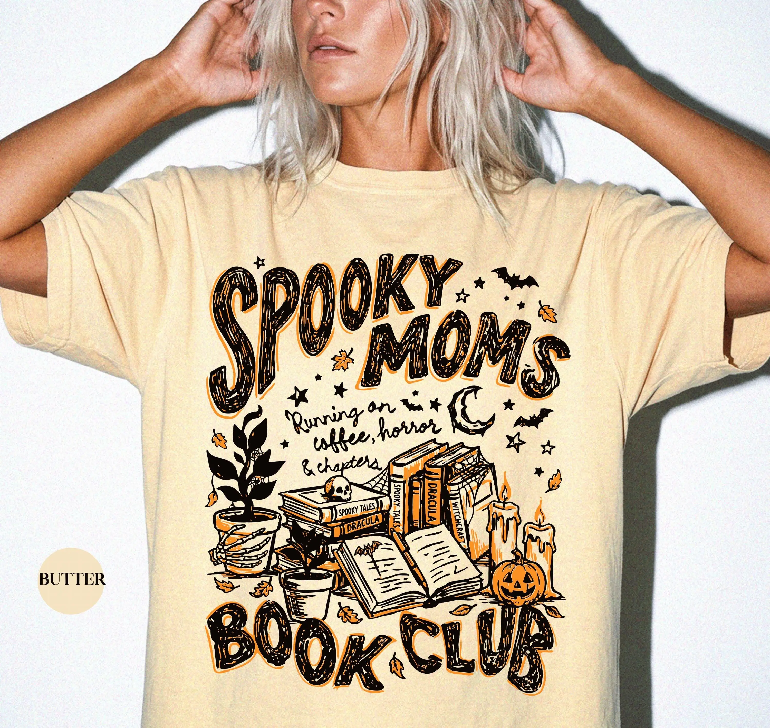 Spooky Moms Book Club Halloween Shirt, Comfort Colors Coffee Lover Tshirt, Reader Bookish Doodle Womens Fall Tee - photo 5