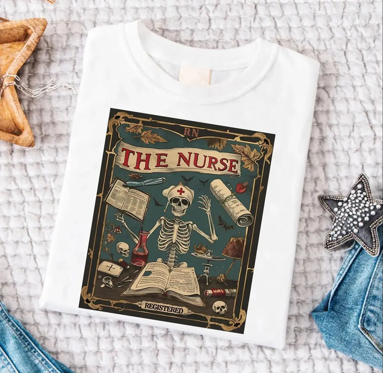 Spooky Nurse Tarot Card Sweatshirt, Funny Skeleton Halloween Nursing School Graduation Fall Gift Crewneck - photo 5