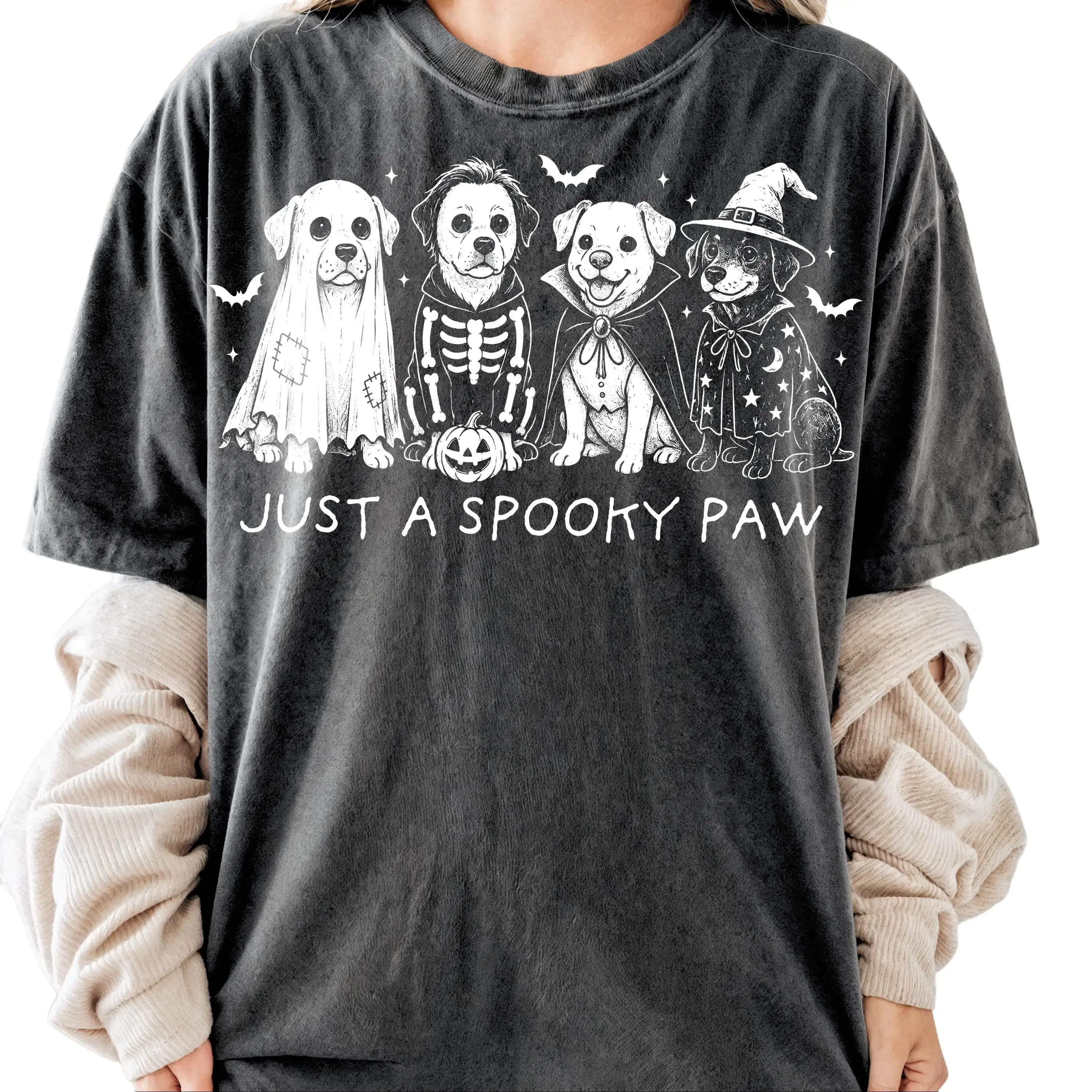 Comfort Colors Spooky Paw Halloween Dog Shirt, Cute Pet Lover Graphic Fall Tee for Women