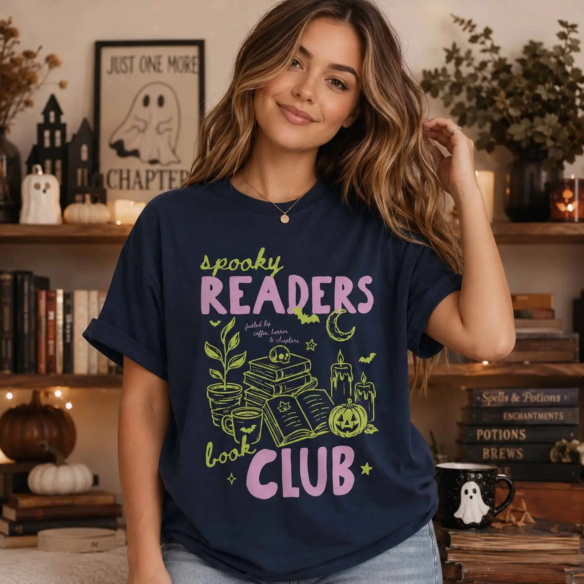 Spooky Readers Book Club Halloween Shirt, Late Night Bookish Season Tee, Bookworm Coffee Lover Gift