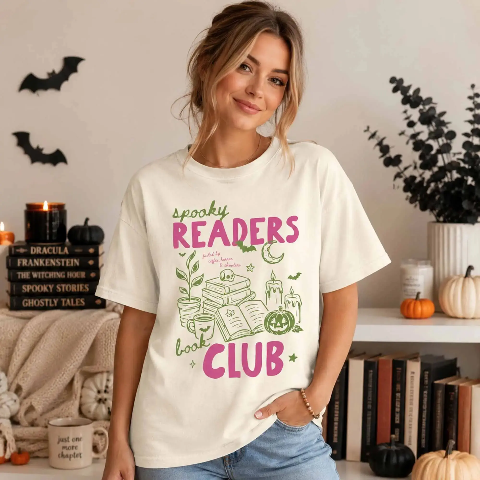 Spooky Readers Book Club Halloween Shirt, Late Night Bookish Season Tee, Bookworm Coffee Lover Gift - photo 2
