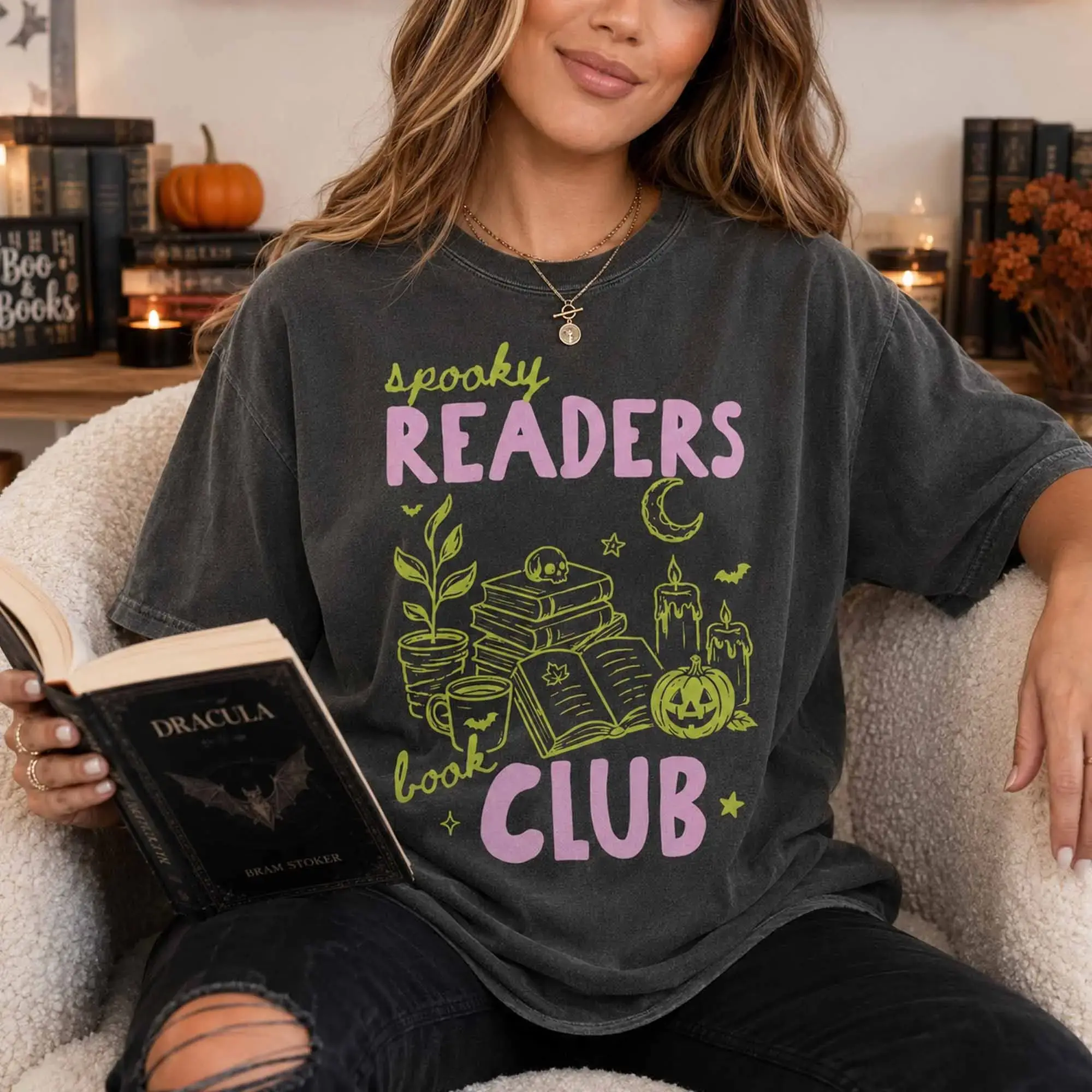 Spooky Readers Book Club Halloween Shirt, Late Night Bookish Season Tee, Bookworm Coffee Lover Gift - photo 3