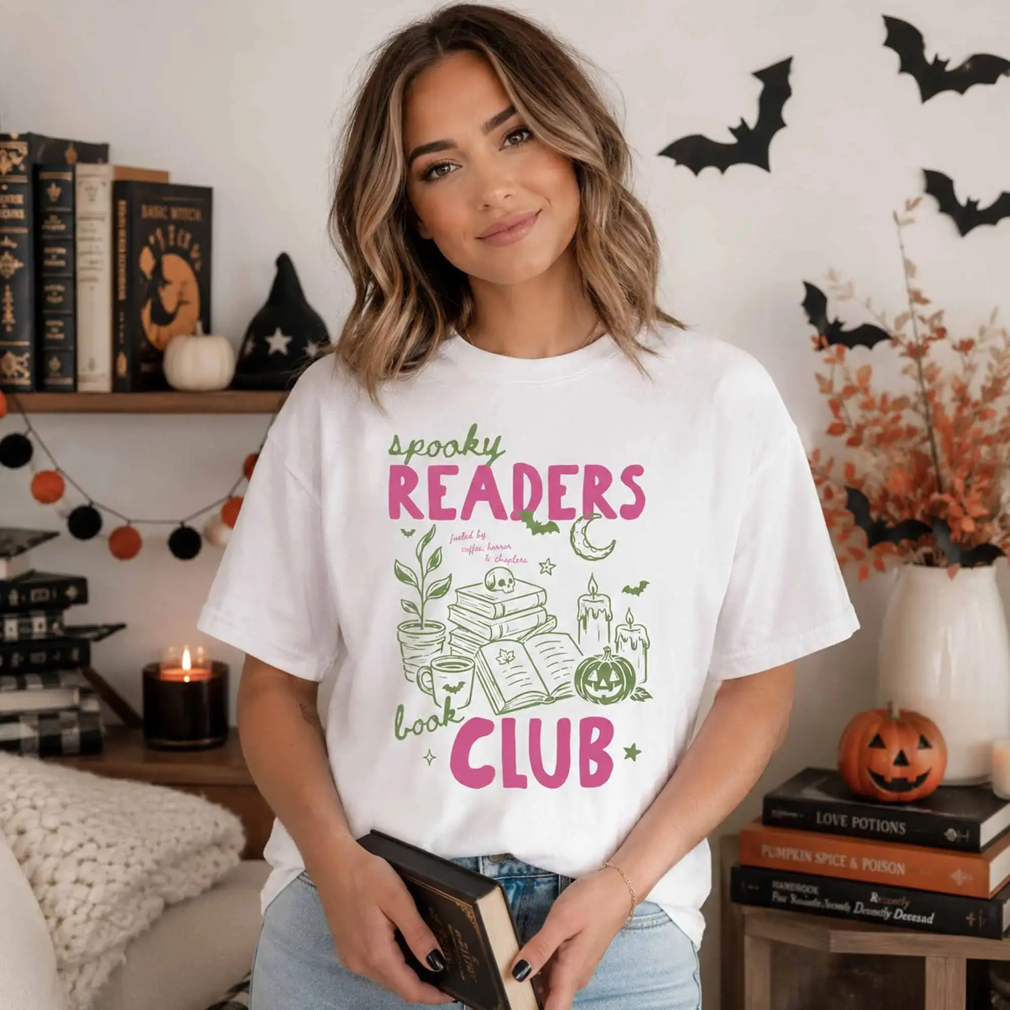 Spooky Readers Book Club Halloween Shirt, Late Night Bookish Season Tee, Bookworm Coffee Lover Gift - photo 4