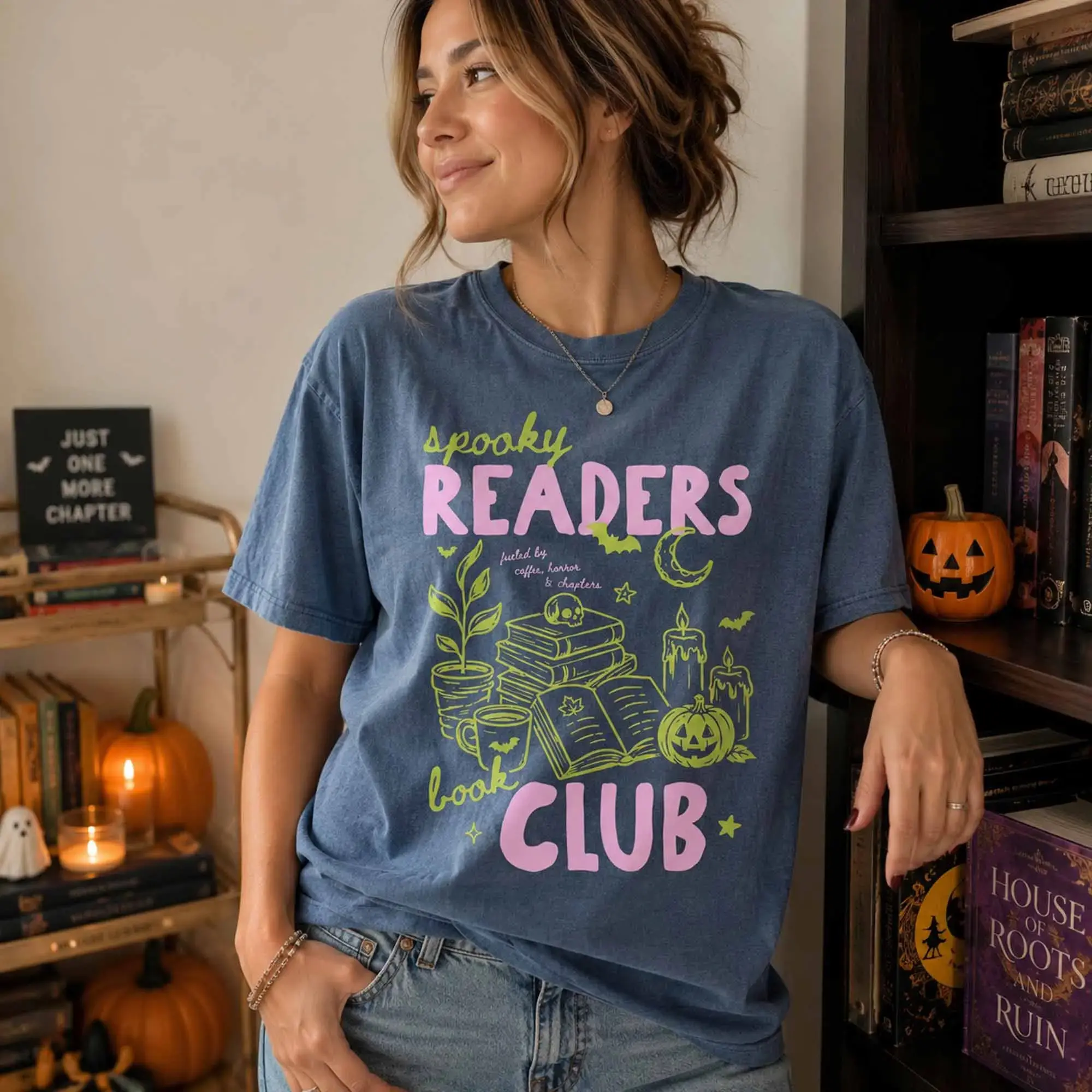 Spooky Readers Book Club Halloween Shirt, Late Night Bookish Season Tee, Bookworm Coffee Lover Gift - photo 5