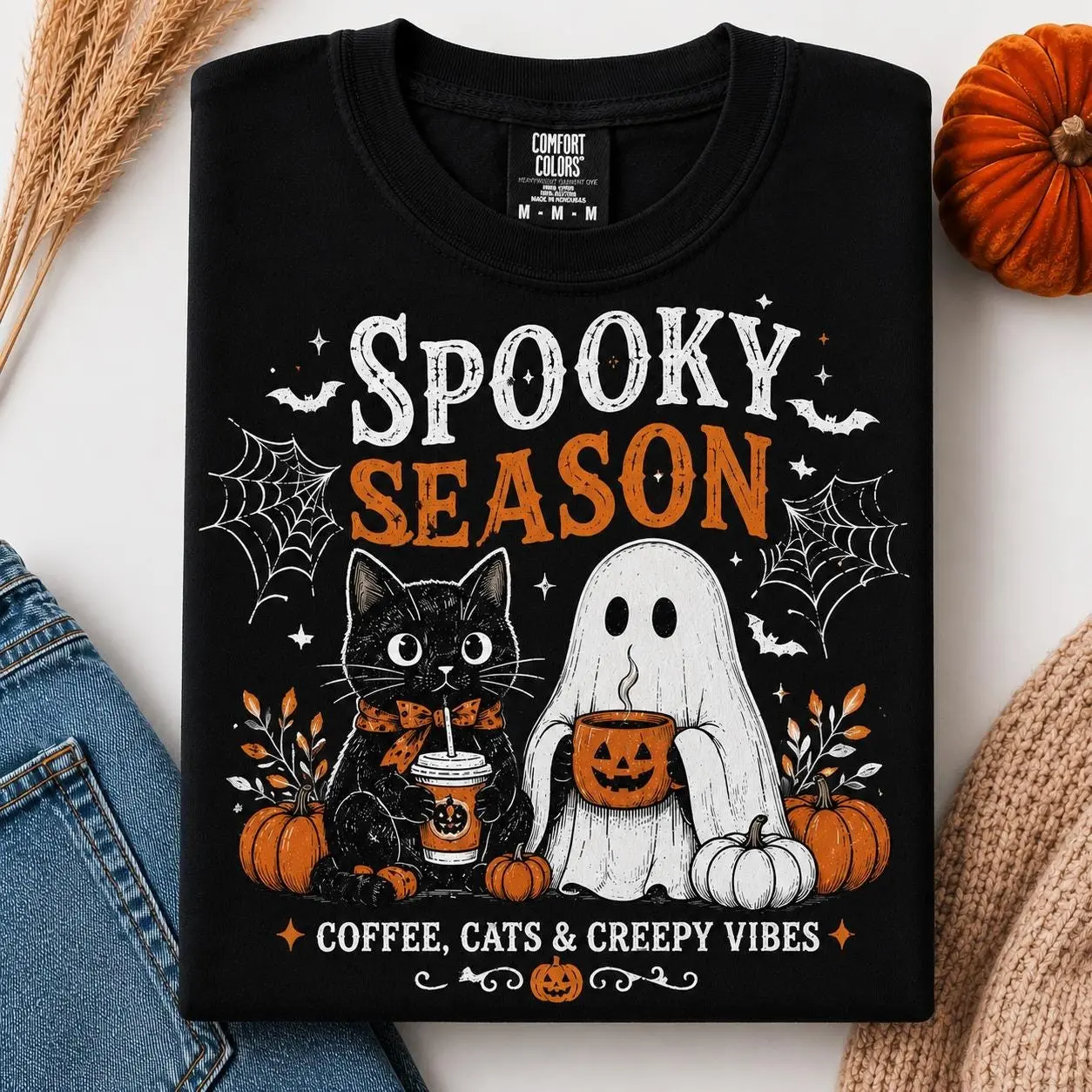 Spooky Season Coffee Cats & Creepy Vibes Shirt, Cute Black Cat Ghost Halloween Tee Comfort Color