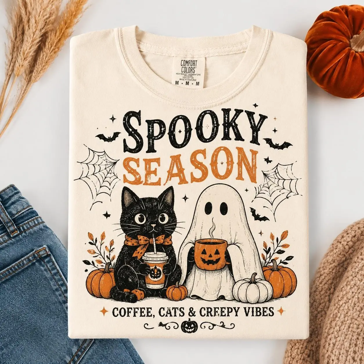 Spooky Season Coffee Cats & Creepy Vibes Shirt, Cute Black Cat Ghost Halloween Tee Comfort Color - photo 2