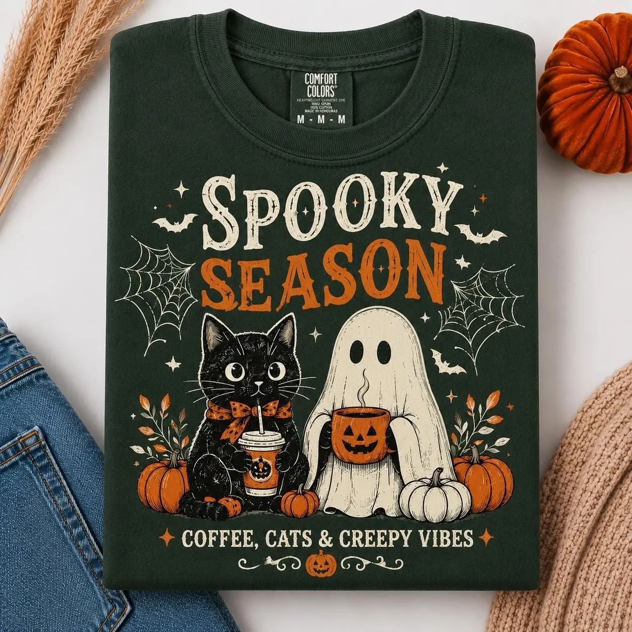Spooky Season Coffee Cats & Creepy Vibes Shirt, Cute Black Cat Ghost Halloween Tee Comfort Color - photo 4