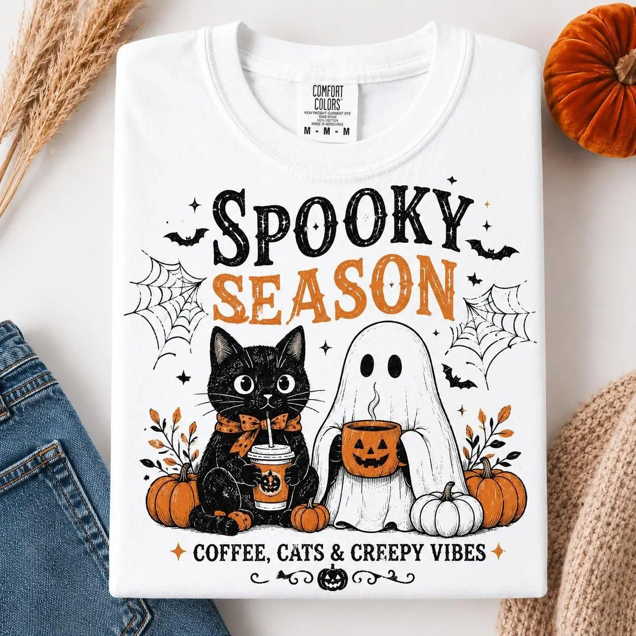 Spooky Season Coffee Cats Shirt, Womens Halloween Tee, Cute Black Cat Ghost Creepy Vibes Comfort Colors Fall Graphic - photo 3